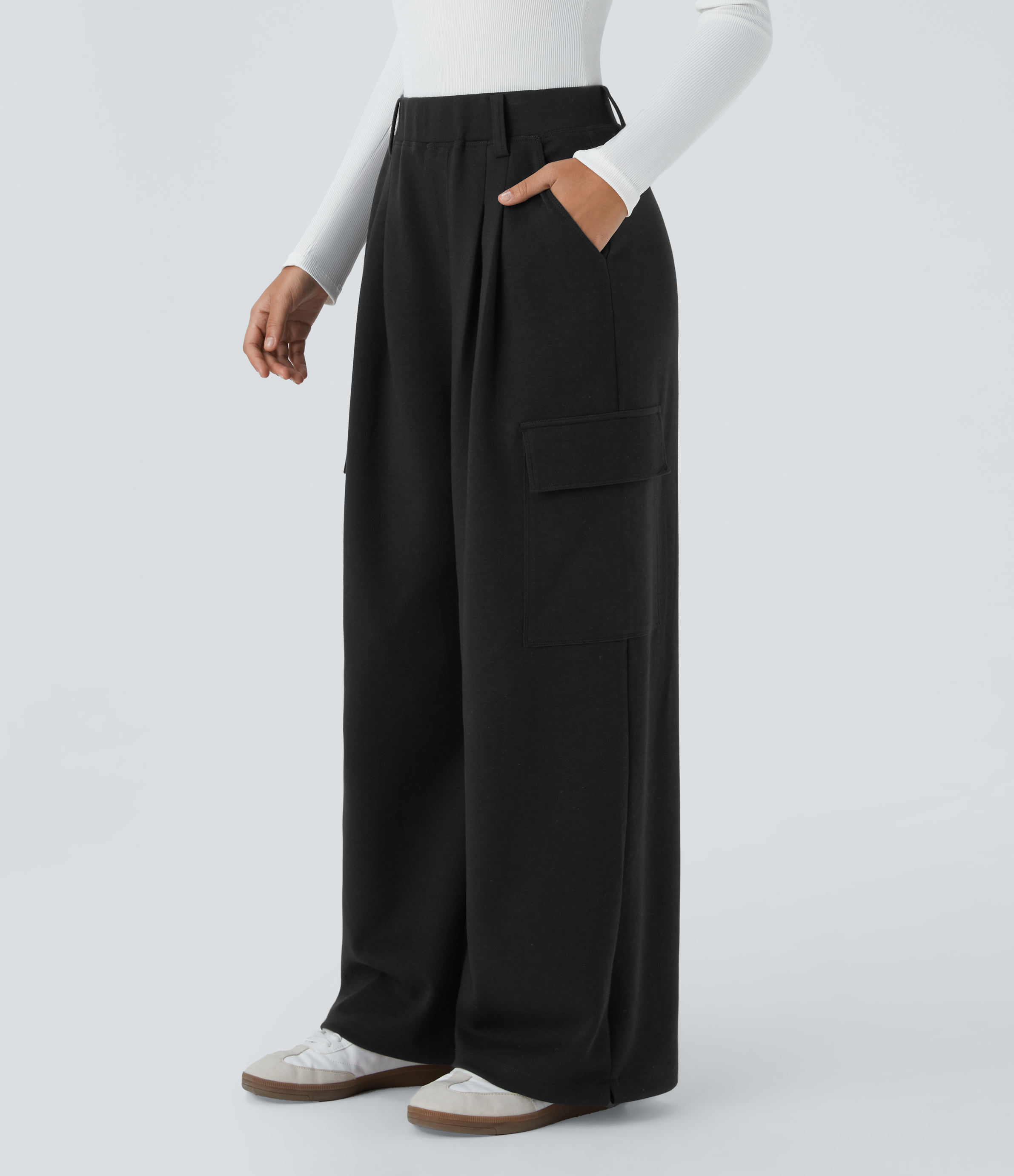 Halara High Waisted Plicated Multiple Pockets Adjustable Drawcord Hem Wide Leg Casual Pants  - Black - L(regular) 