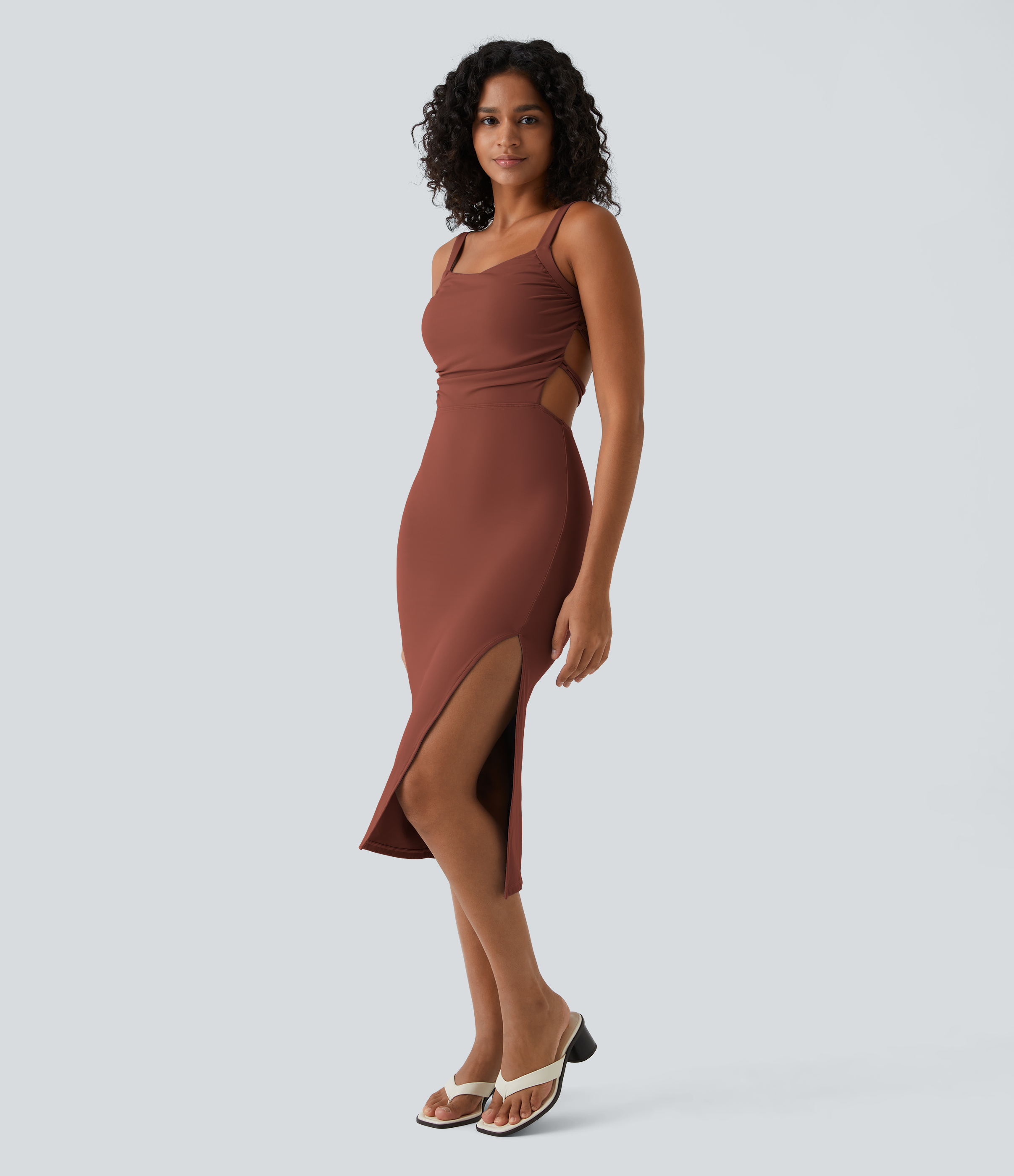 ruched split backless crisscross lace up bodycon midi casual dress Women's Ruched Lace Up Bodycon Midi Casual Dress