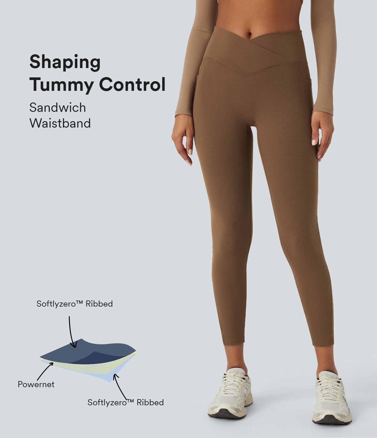 Halara Softlyzeroв„ў Ribbed High Waisted Tummy Control Crossover Side Pocket Plain Yoga 7/8 Leggings  - Toffee - S(7/8) gym leggings 