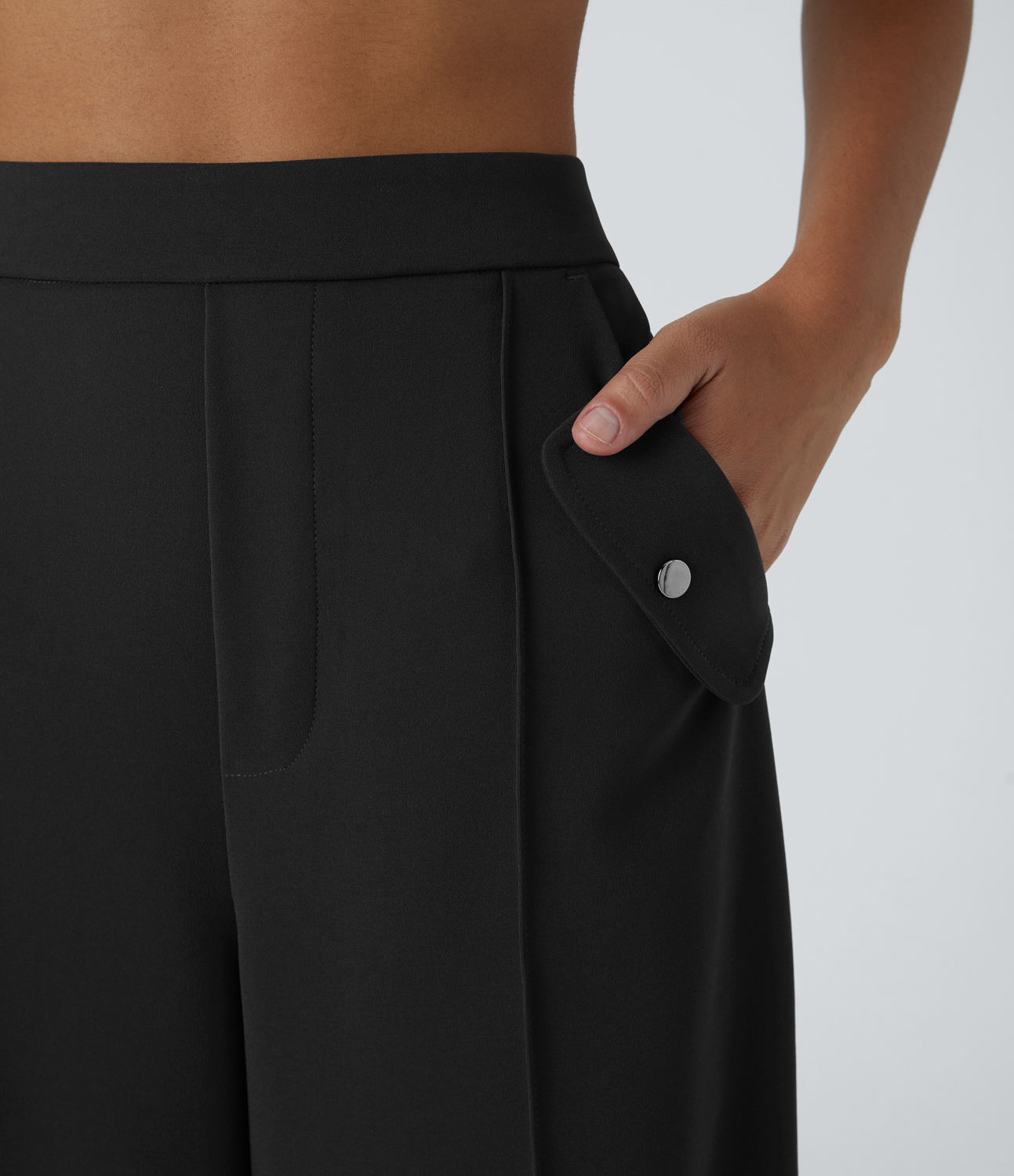 Halara High Waisted Side Pocket Decorative Button Wide Leg Casual Pants  - Black - L(regular) sweatpants jogger pants stacked sweatpants 