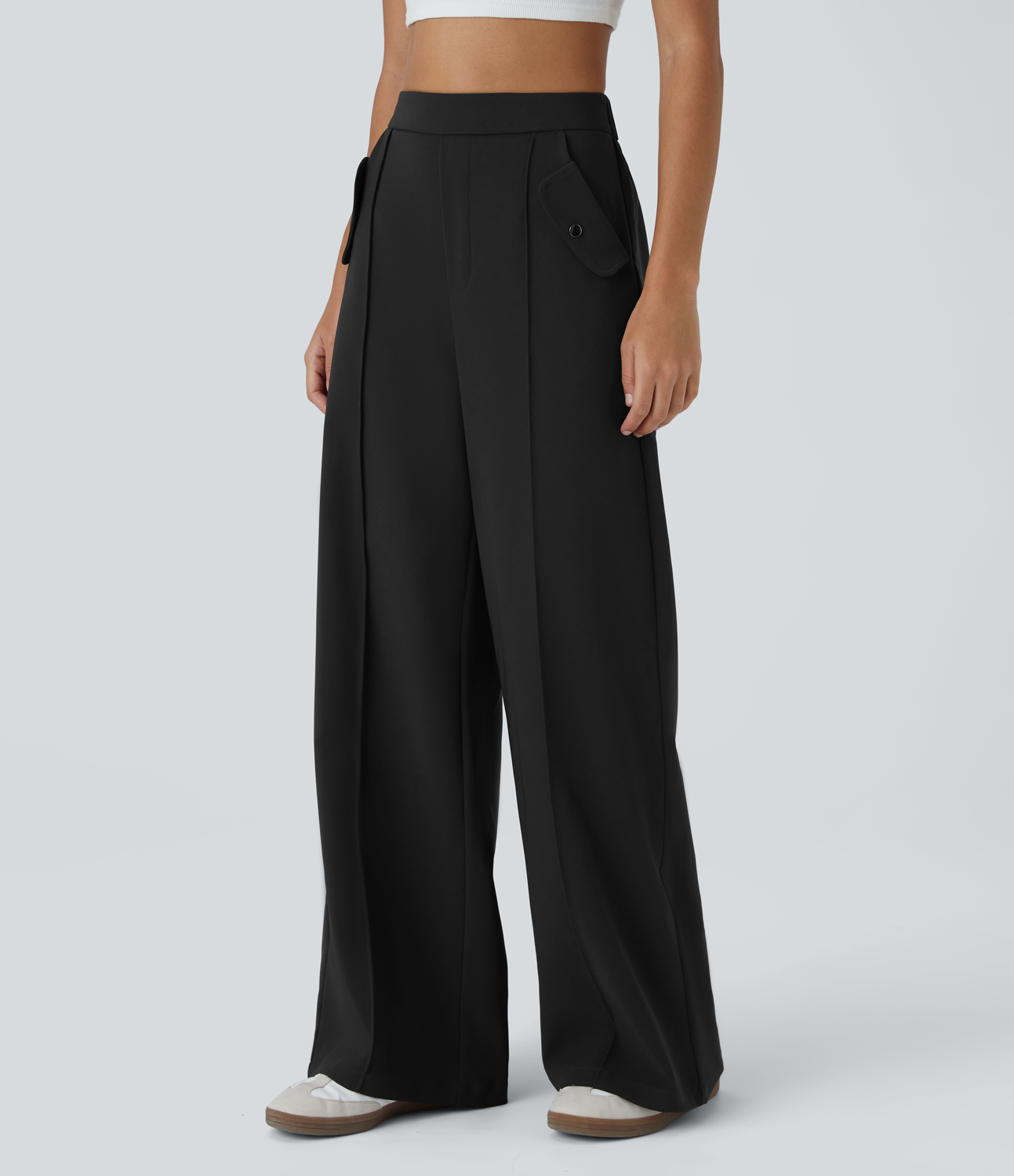 Halara High Waisted Side Pocket Decorative Button Wide Leg Casual Pants  - Black - L(regular) sweatpants jogger pants stacked sweatpants 