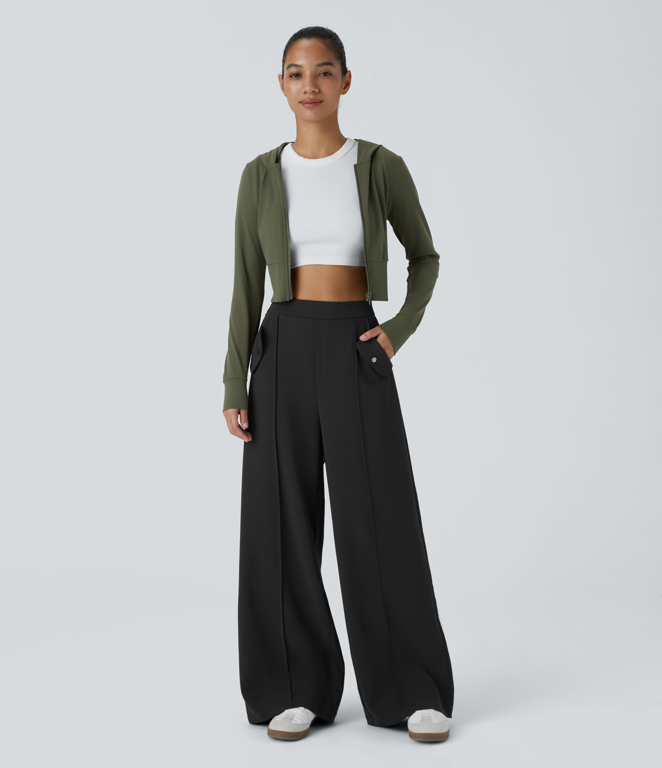 Halara High Waisted Side Pocket Decorative Button Wide Leg Casual Pants  - Black - L(regular) sweatpants jogger pants stacked sweatpants 