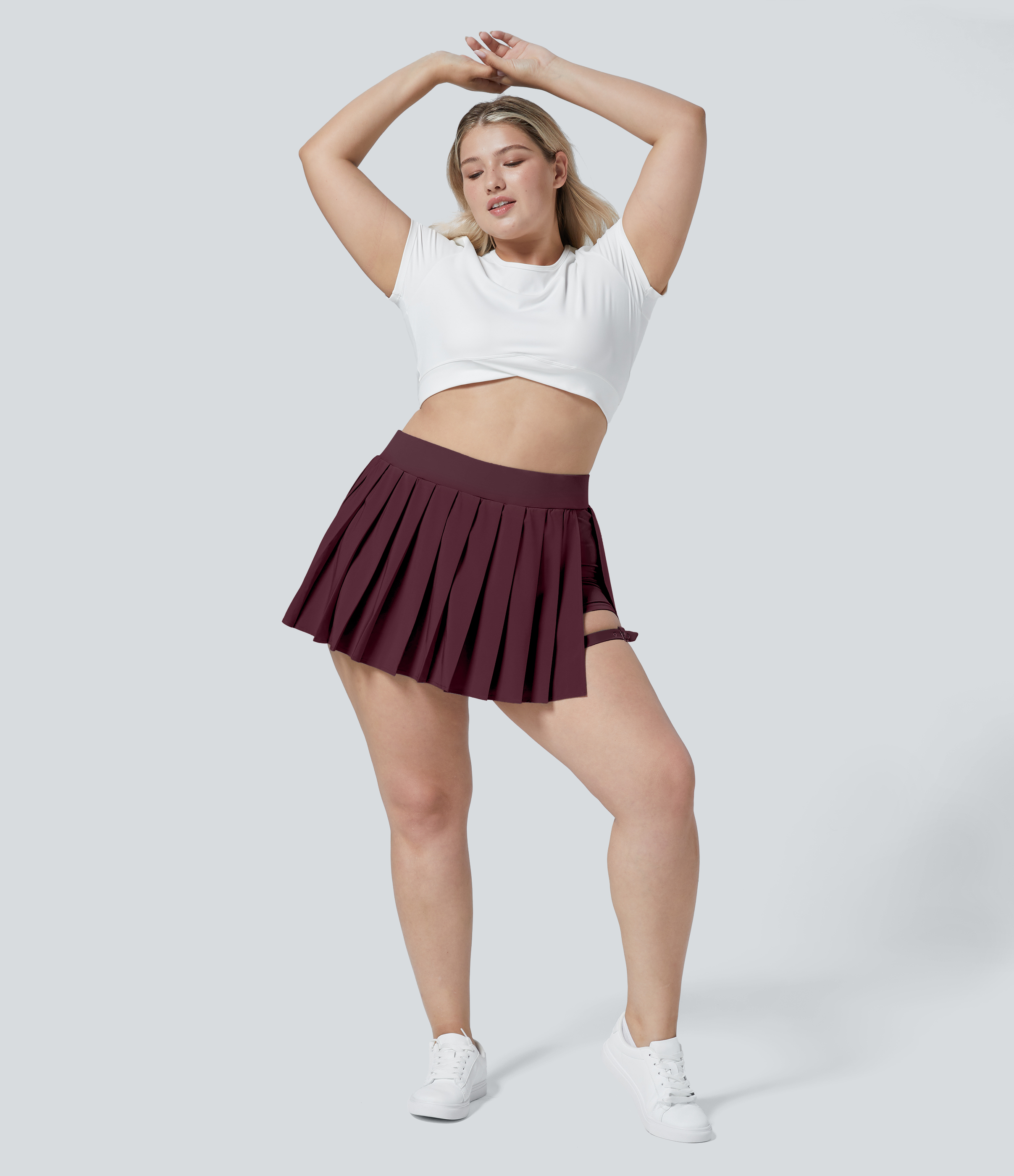 Halara Breezefulв„ў High Waisted Pleated 2-in-1 Side Pocket Adjustable Buckle Quick Dry Mini Casual Plus Size Skirt  - Berry Red - 2X(regular) 