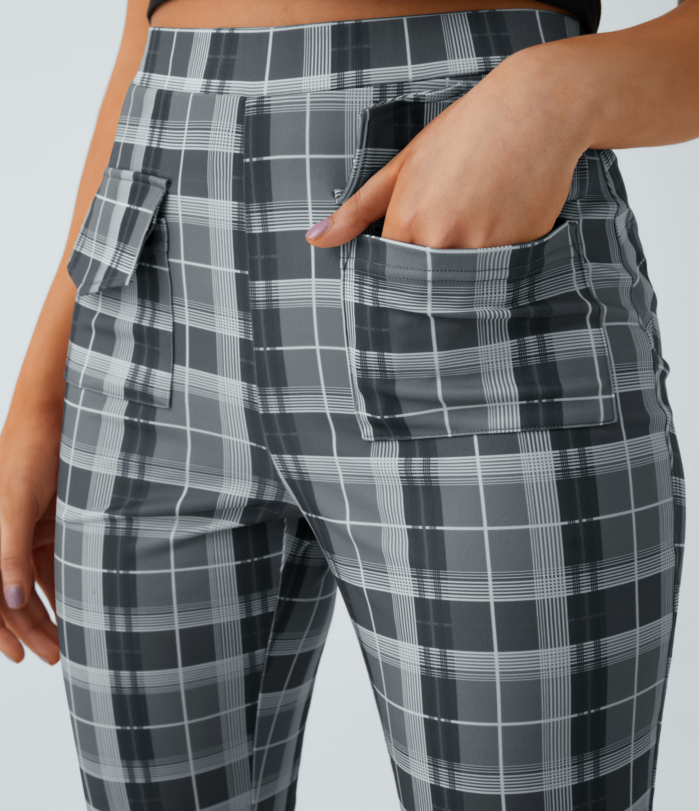 Halara High Waisted Pocket Plaid Flare Casual Pants  - Grey Blue Plaid - S 