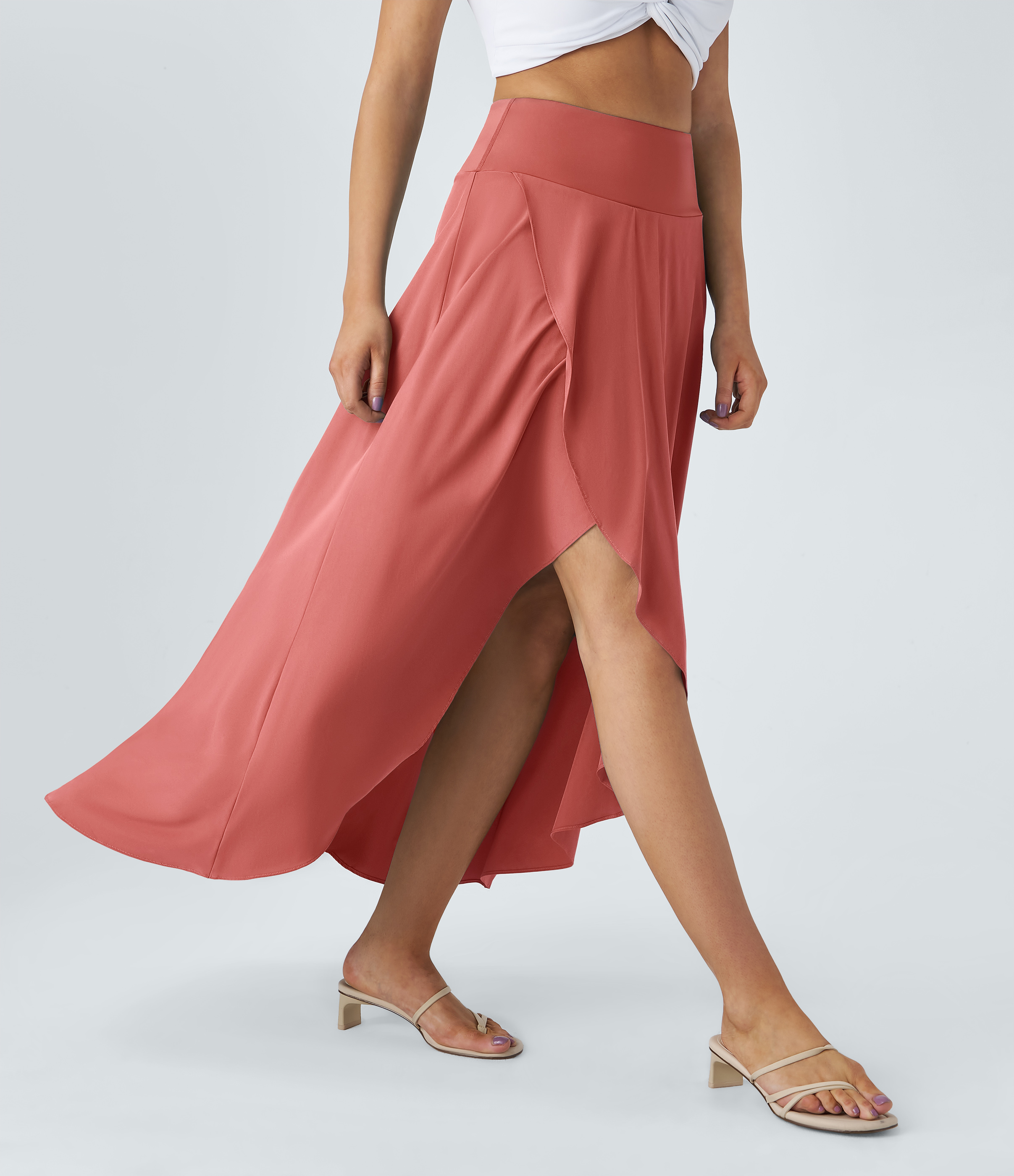 Halara Breezefulв„ў High Waisted High Low Ruffle 2-in-1 Flowy Quick Dry Casual Regular Maxi Skirt  - Flame Red - XS(regular) 