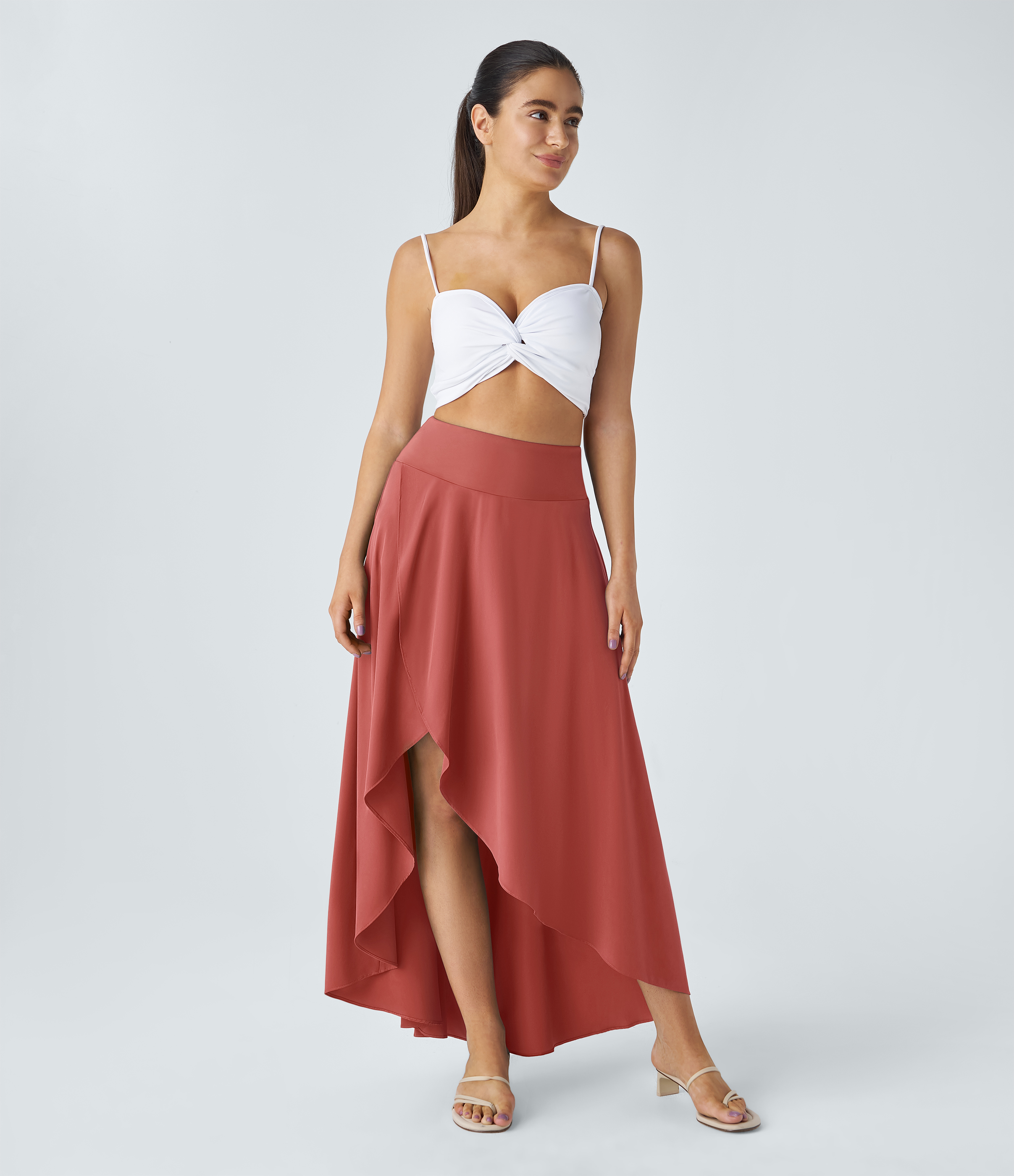 Halara Breezefulв„ў High Waisted High Low Ruffle 2-in-1 Flowy Quick Dry Casual Regular Maxi Skirt  - Flame Red - XS(regular) 