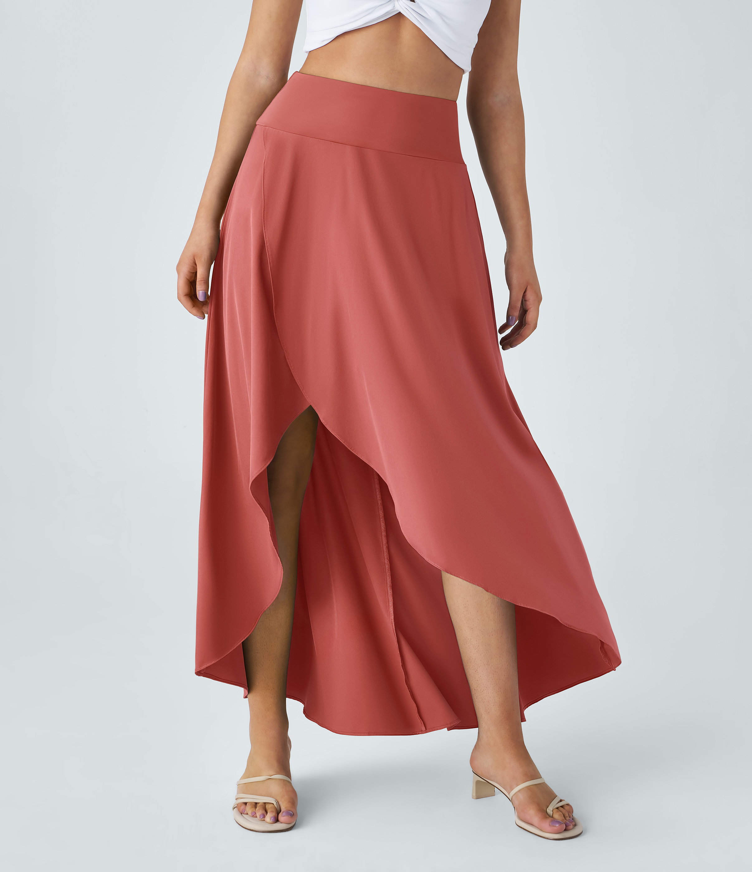 Halara Breezefulв„ў High Waisted High Low Ruffle 2-in-1 Flowy Quick Dry Casual Regular Maxi Skirt  - Flame Red - XS(regular) 