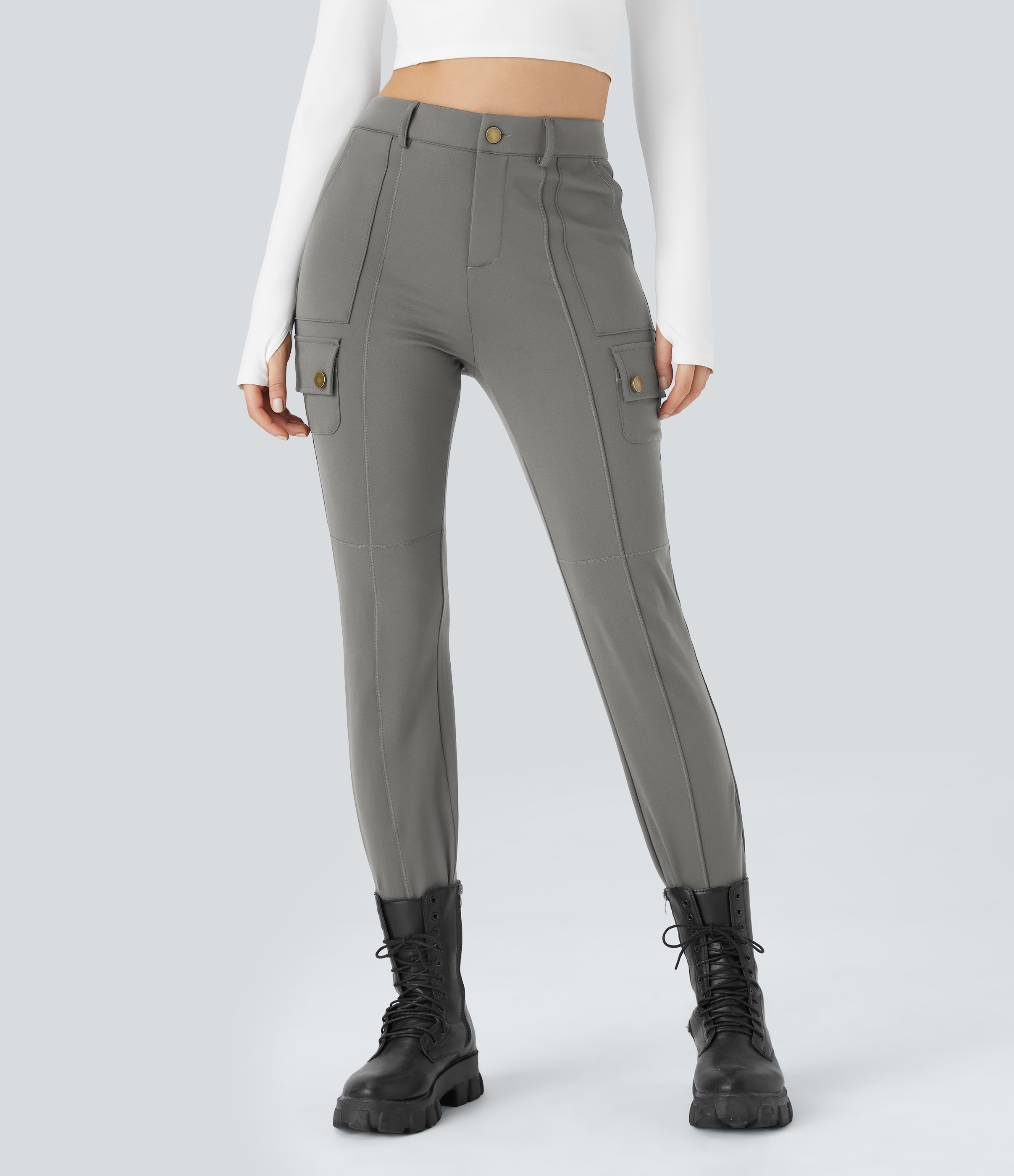 Halara High Waisted Button Zipper Multiple Pockets Solid Skinny Hiking Cargo Pants  - Silent Storm - M(petite) 