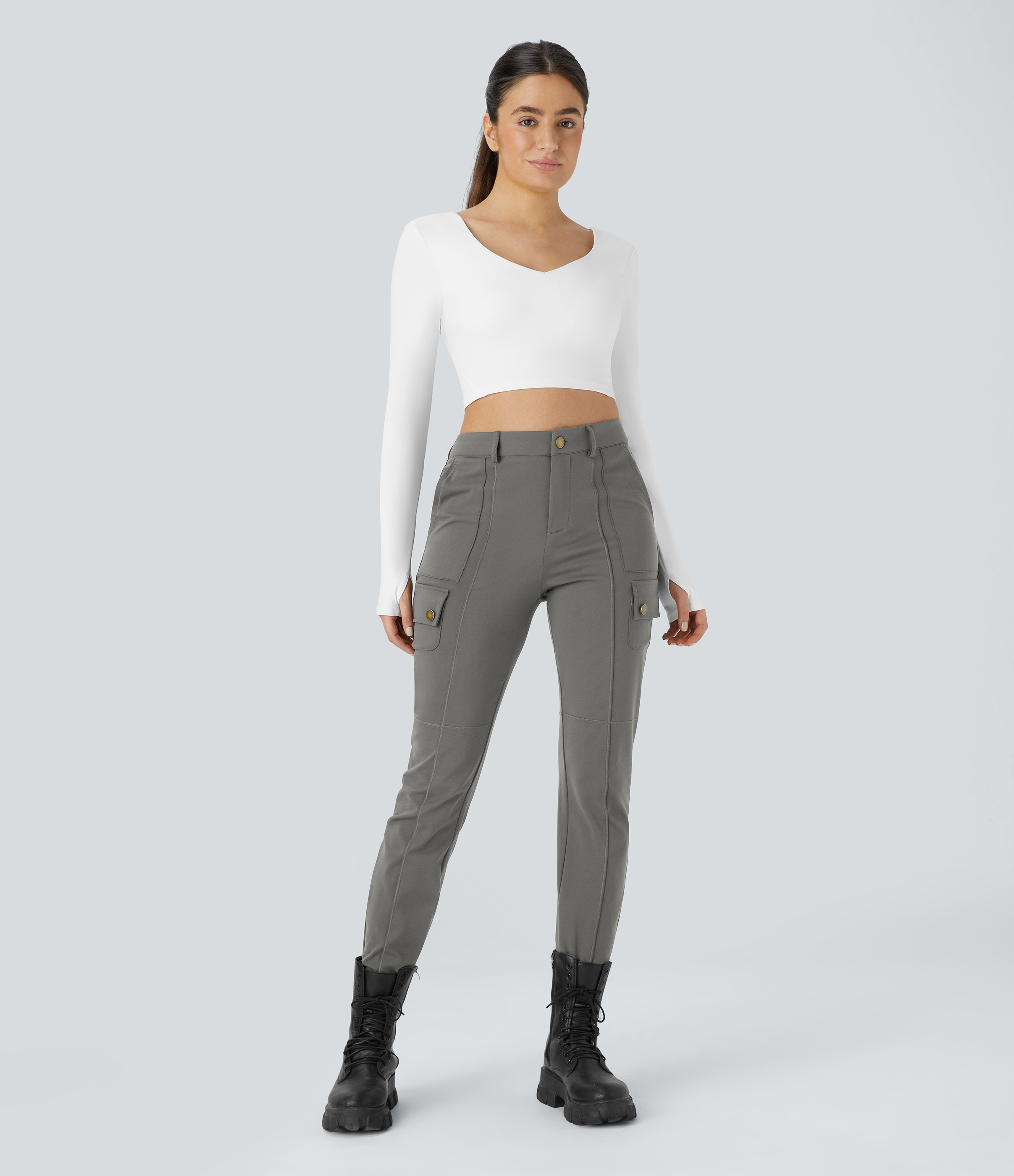 Halara High Waisted Button Zipper Multiple Pockets Solid Skinny Hiking Cargo Pants  - Silent Storm - M(petite) 