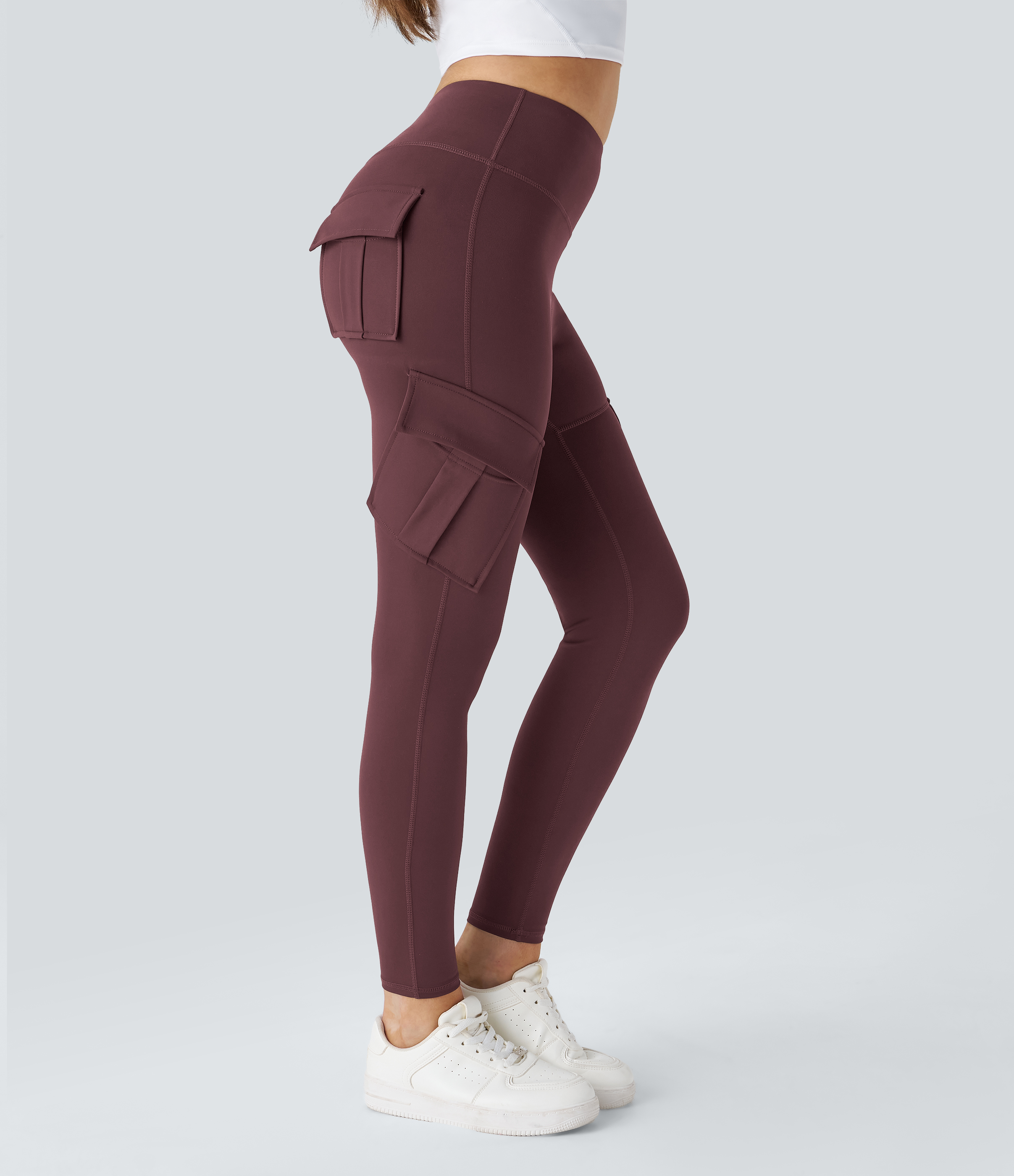 Halara High Waisted Cargo Pocket Skinny Yoga Leggings  - Red Mahogany - S(full_length) gym leggings leggings with pockets 