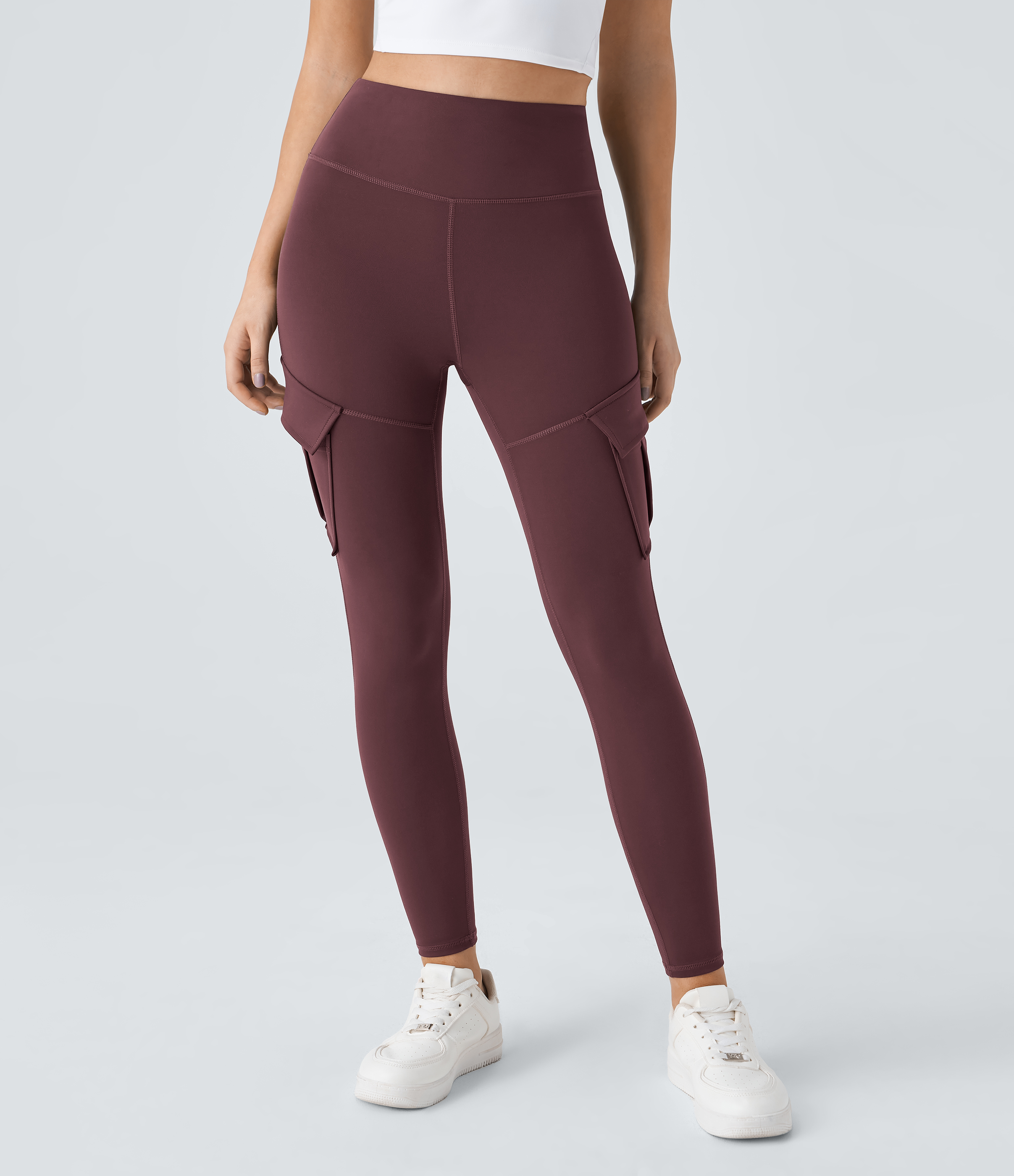 Halara High Waisted Cargo Pocket Skinny Yoga Leggings  - Red Mahogany - S(full_length) gym leggings leggings with pockets 