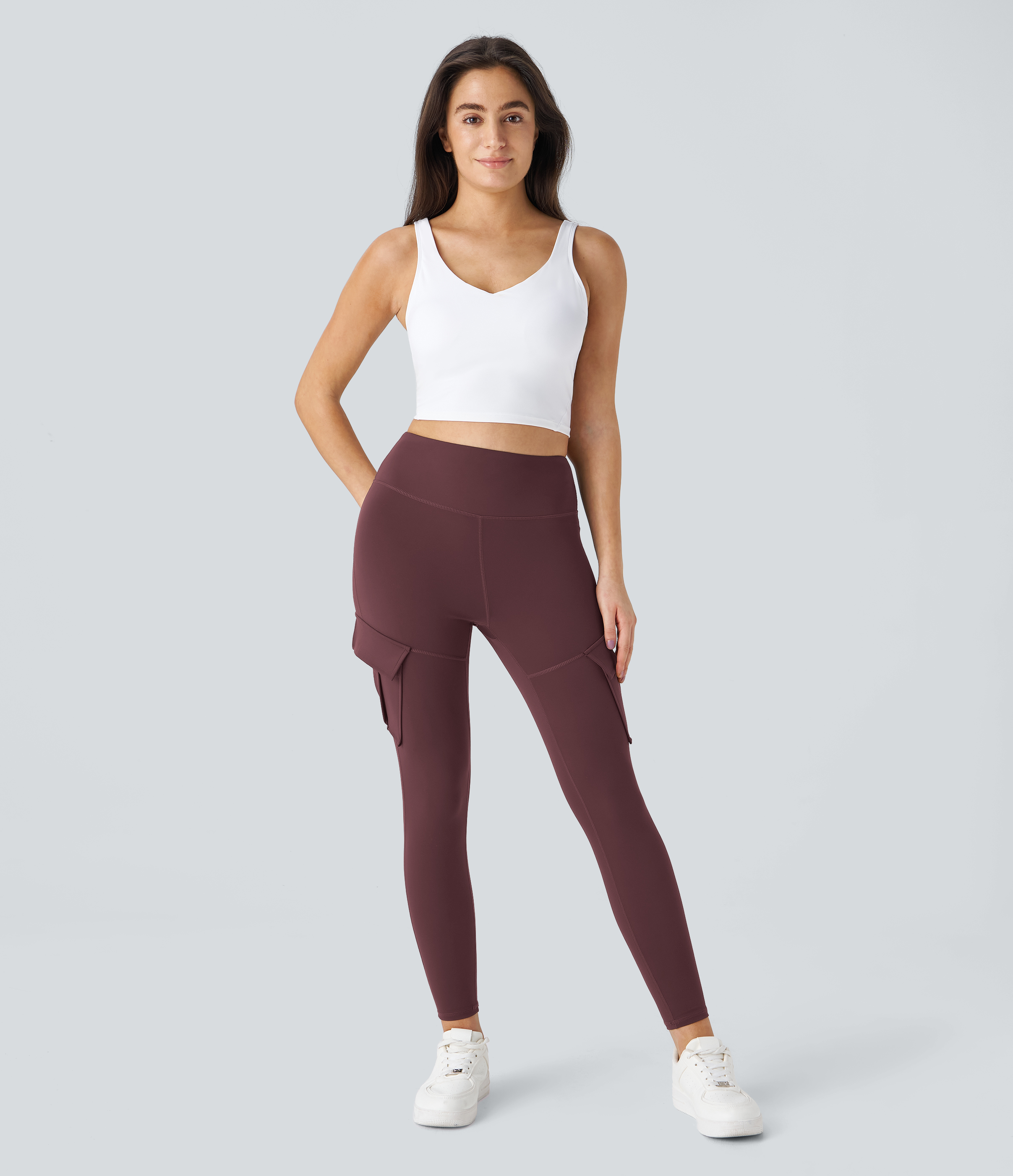 Halara High Waisted Cargo Pocket Skinny Yoga Leggings  - Red Mahogany - S(full_length) gym leggings leggings with pockets 