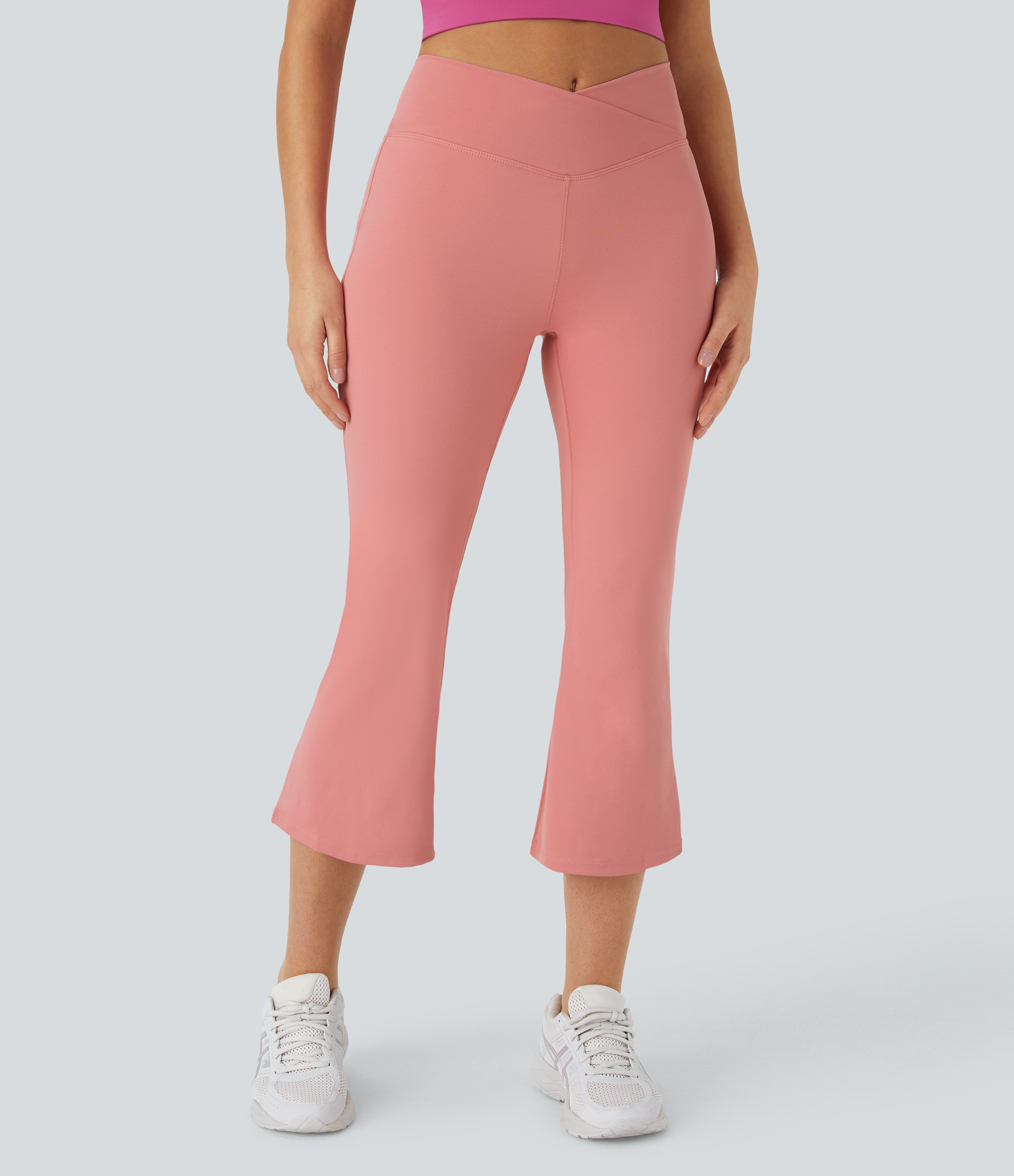 Halara Crossover High Waisted Back Pocket Flare Capri Yoga Leggings  - Candy Pink - XL gym leggings leggings with pockets 