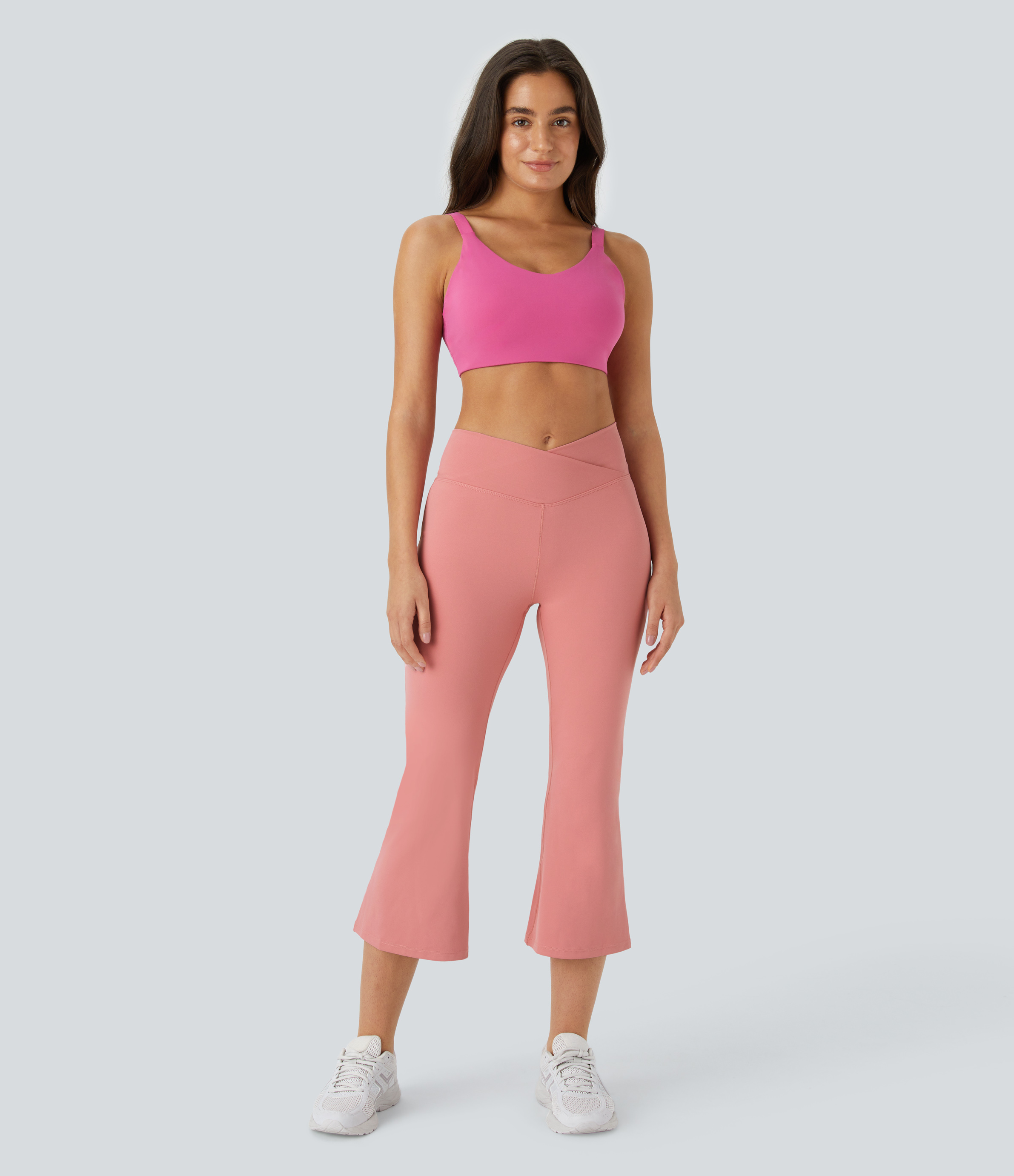 Halara Crossover High Waisted Back Pocket Flare Capri Yoga Leggings  - Candy Pink - XL gym leggings leggings with pockets 