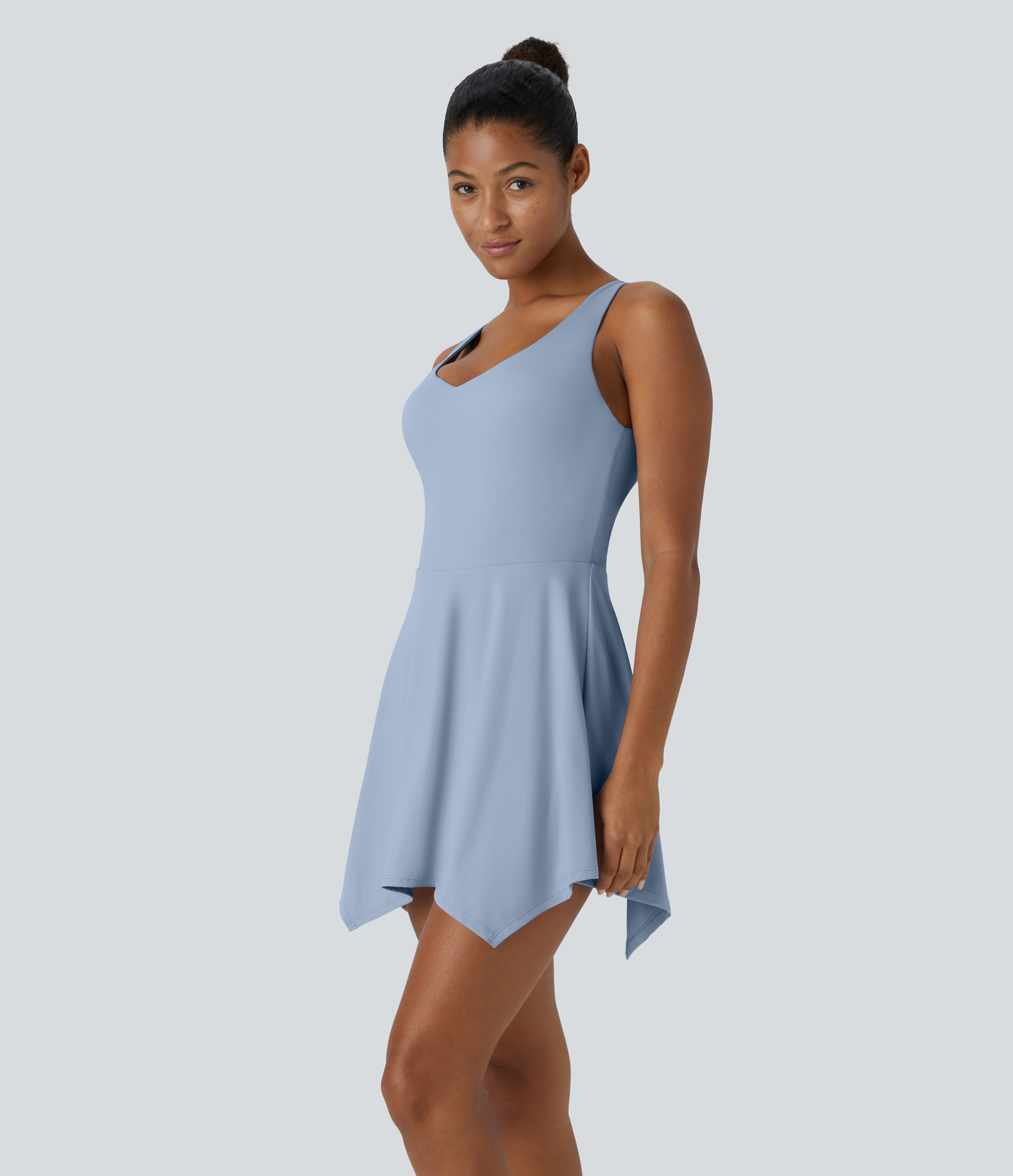Halara V Neck Backless 2-in-1 Side Pocket Flowy Mini Tennis Active Dress Workout Dress - Light Grey Blue - S 