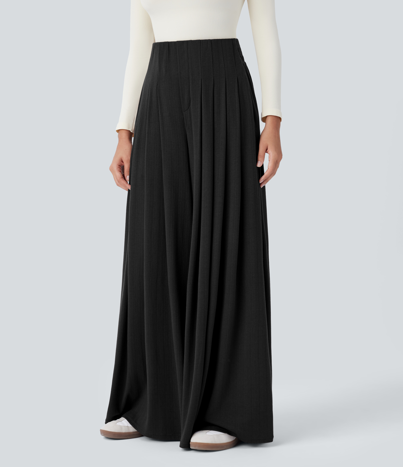 Halara High Waisted Pleated Side Pocket Flowy Wide Leg Casual Pants  - Black - XL(regular) sweatpants jogger pants stacked sweatpants 