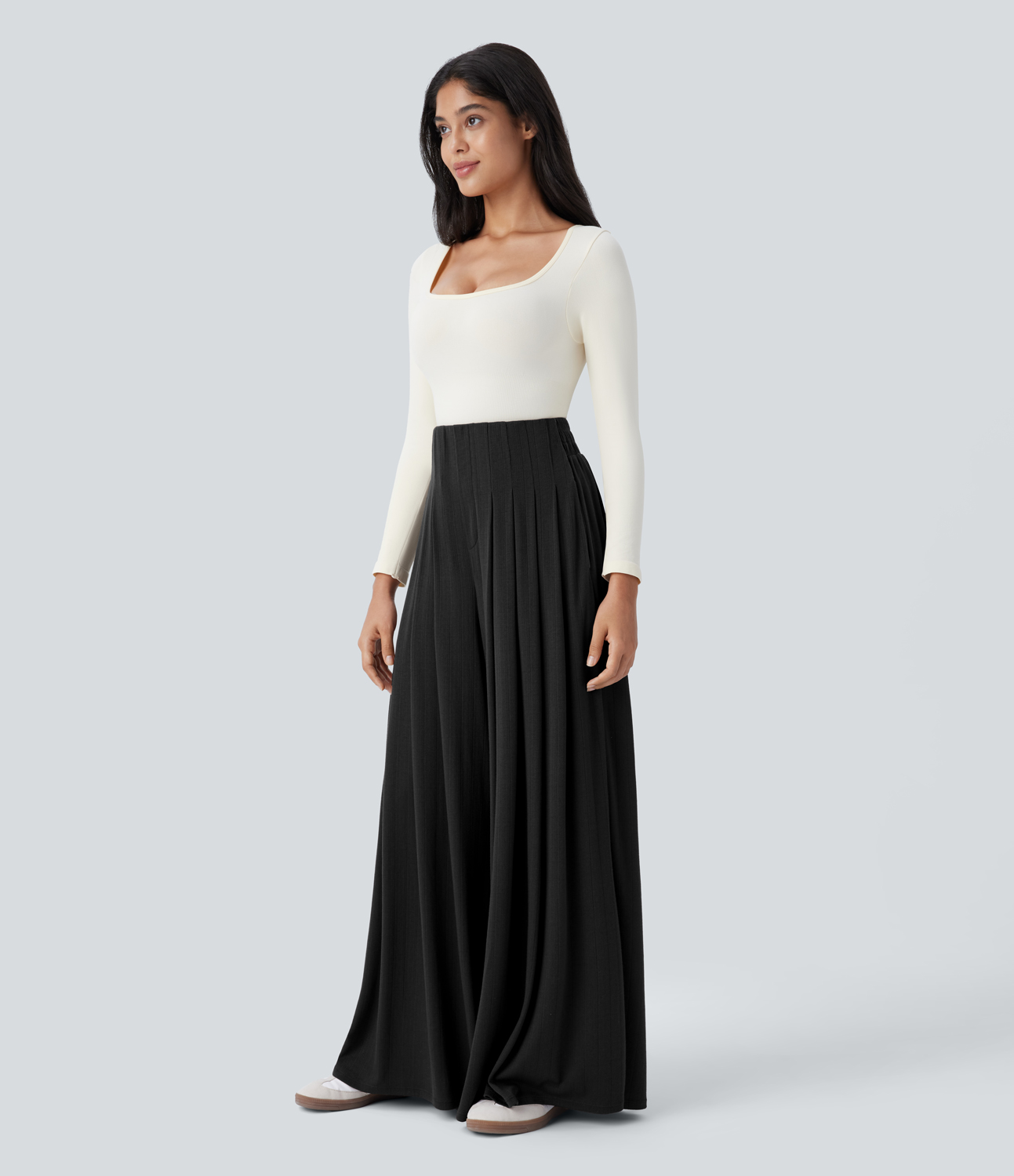 Halara High Waisted Pleated Side Pocket Flowy Wide Leg Casual Pants  - Black - XL(regular) sweatpants jogger pants stacked sweatpants 