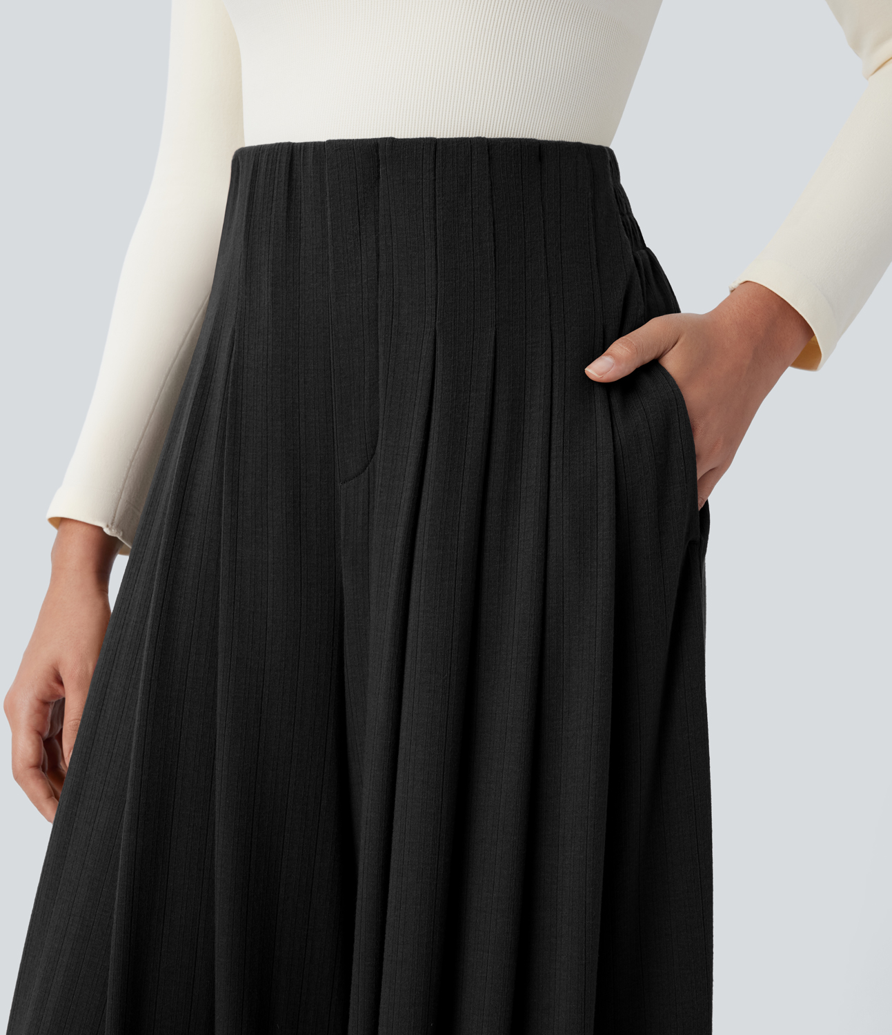 Halara High Waisted Pleated Side Pocket Flowy Wide Leg Casual Pants  - Black - XL(regular) sweatpants jogger pants stacked sweatpants 