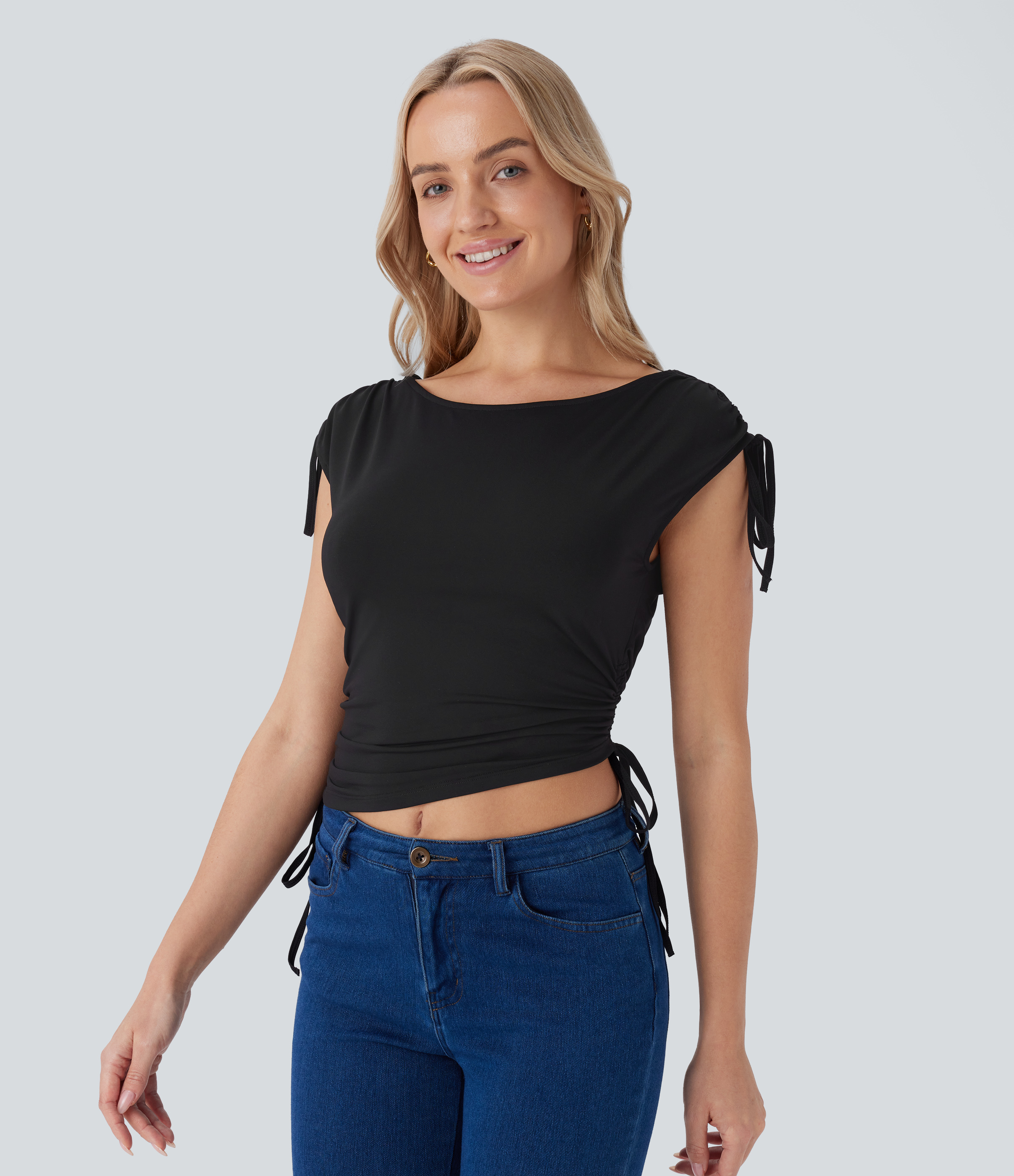 Halara Boat Neck Cap Sleeve Drawstring Backless Adjustable Strap Cropped Casual Top Tank Top - Black - S golf tops halter top tunic tops 