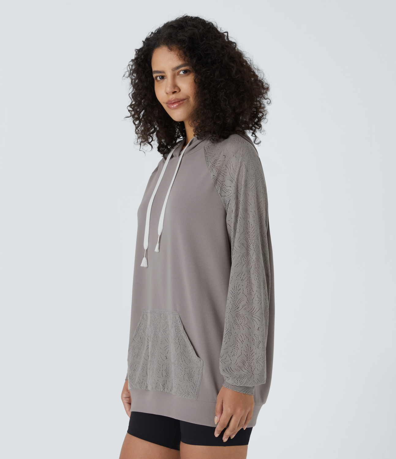 Halara Hooded Drawstring Long Sleeve Kangaroo Pocket Contrast Lace Waffle Casual Hoodie Sweatshirt  - Satellite - XL 
