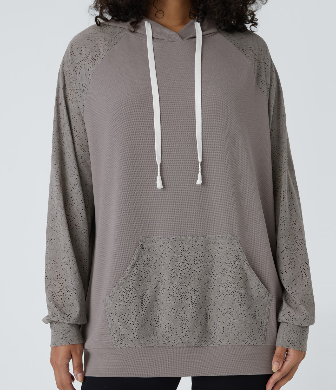Halara Hooded Drawstring Long Sleeve Kangaroo Pocket Contrast Lace Waffle Casual Hoodie Sweatshirt  - Satellite - XL 