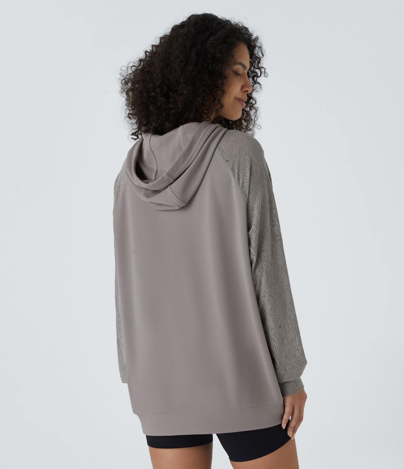 Halara Hooded Drawstring Long Sleeve Kangaroo Pocket Contrast Lace Waffle Casual Hoodie Sweatshirt  - Satellite - XL 