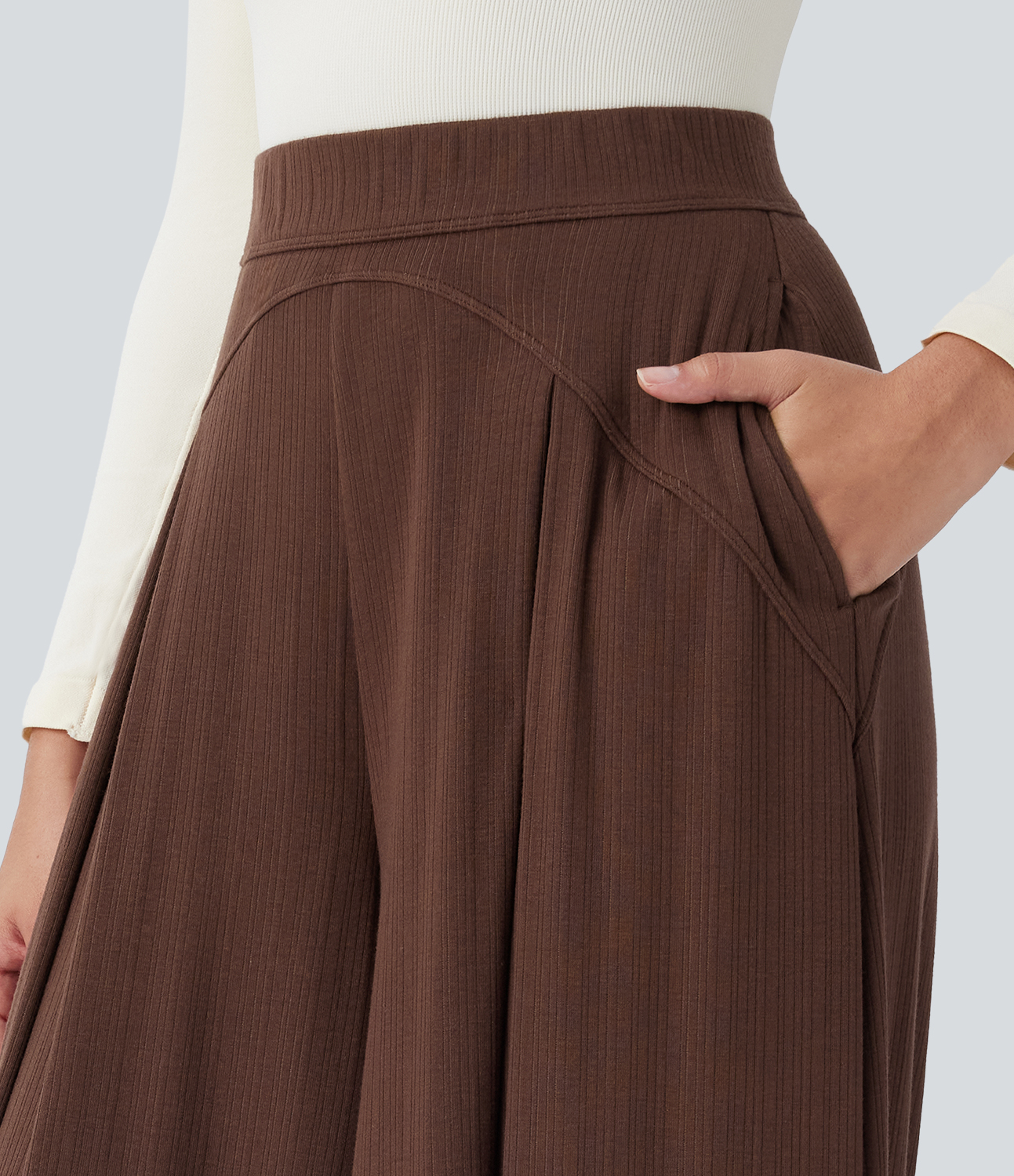 Halara Ribbed Knit Super High Waisted Side Pocket Wide Leg Palazzo Casual Pants  - Chocolate Fondant - XS(regular) sweatpants jogger pants 