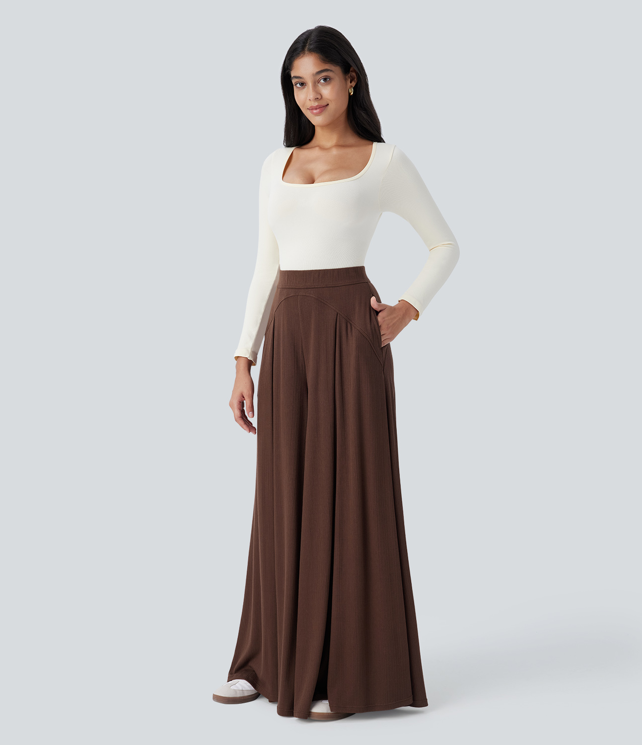 Halara Ribbed Knit Super High Waisted Side Pocket Wide Leg Palazzo Casual Pants  - Chocolate Fondant - XS(regular) sweatpants jogger pants 