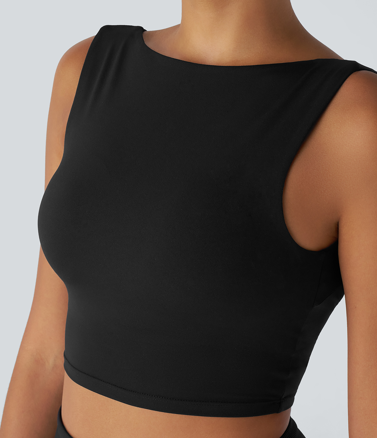 Halara Backless Boat Neck Skinny Cropped Yoga Tank Top Tank Top - Black - XS golf tops halter top tunic tops sleeveless tops backless top 