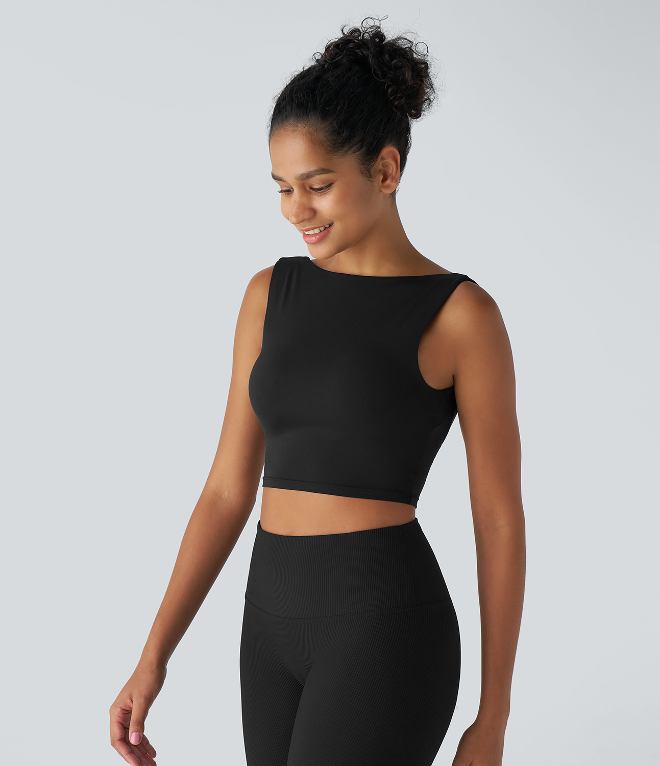 Halara Backless Boat Neck Skinny Cropped Yoga Tank Top Tank Top - Black - XS golf tops halter top tunic tops sleeveless tops backless top 