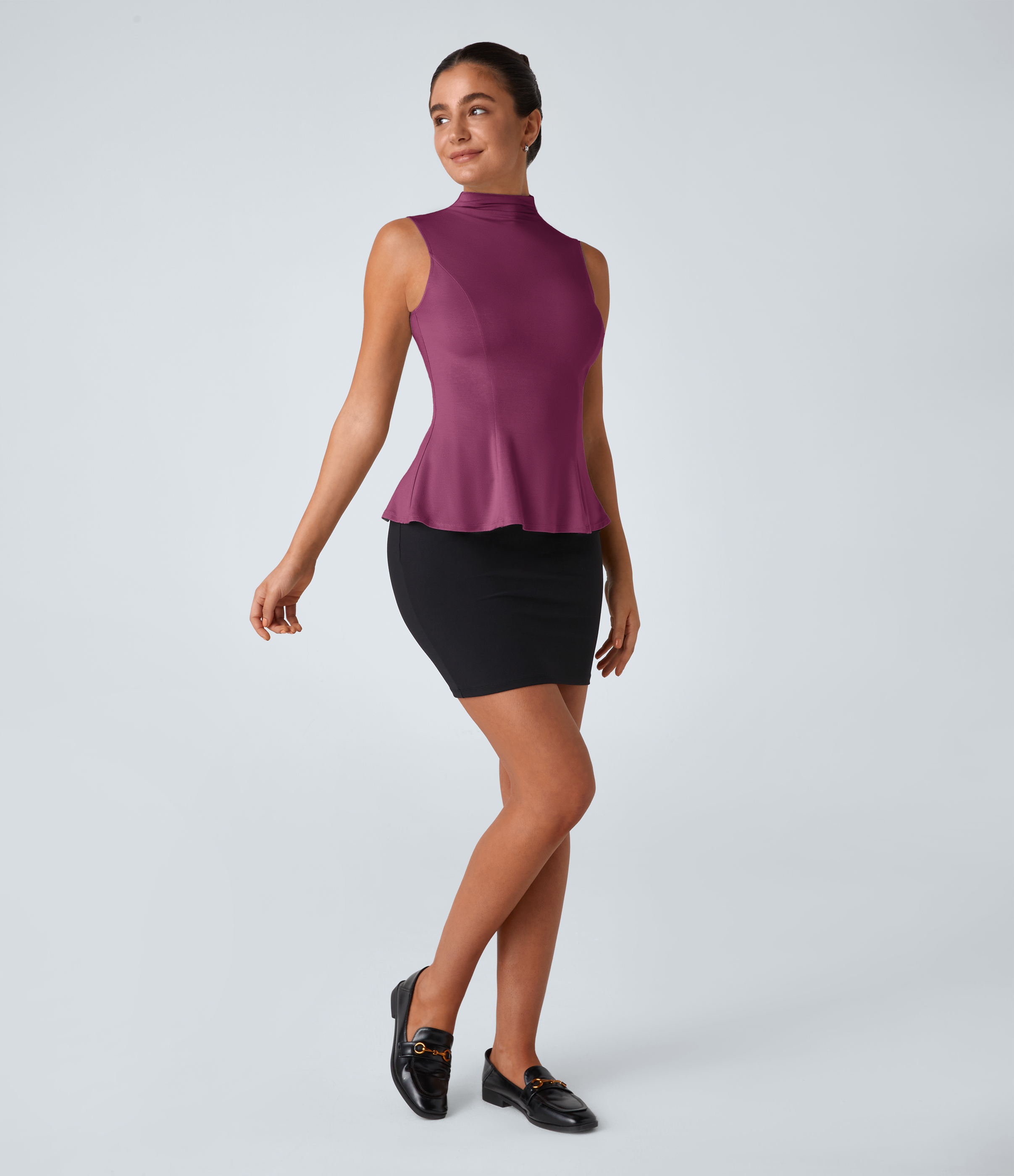 Halara Funnel Neck Peplum Casual Tank Top Tank Top - Red Violet - M golf tops halter top tunic tops sleeveless tops backless top 