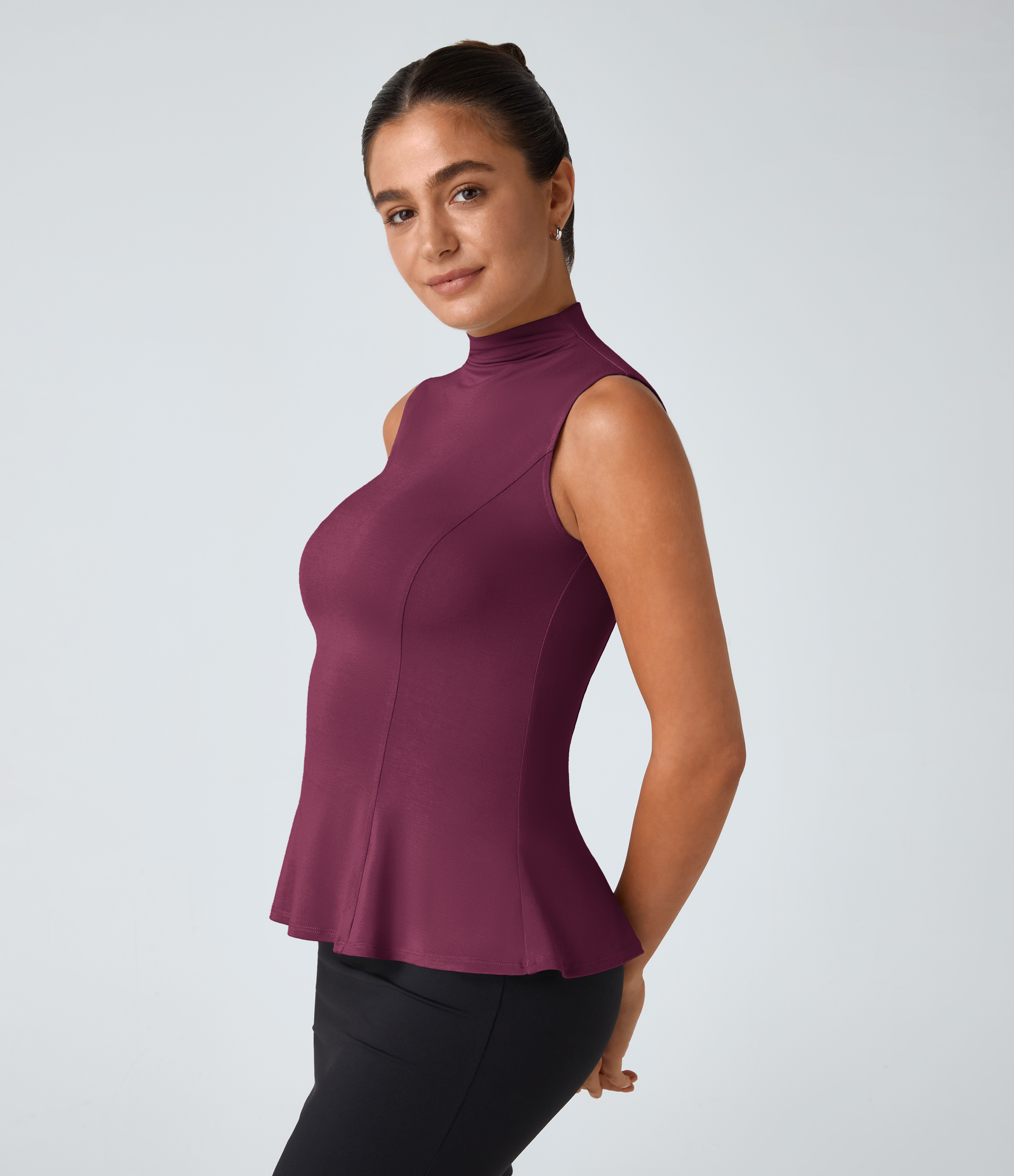 Halara Funnel Neck Peplum Casual Tank Top Tank Top - Red Violet - M golf tops halter top tunic tops sleeveless tops backless top 