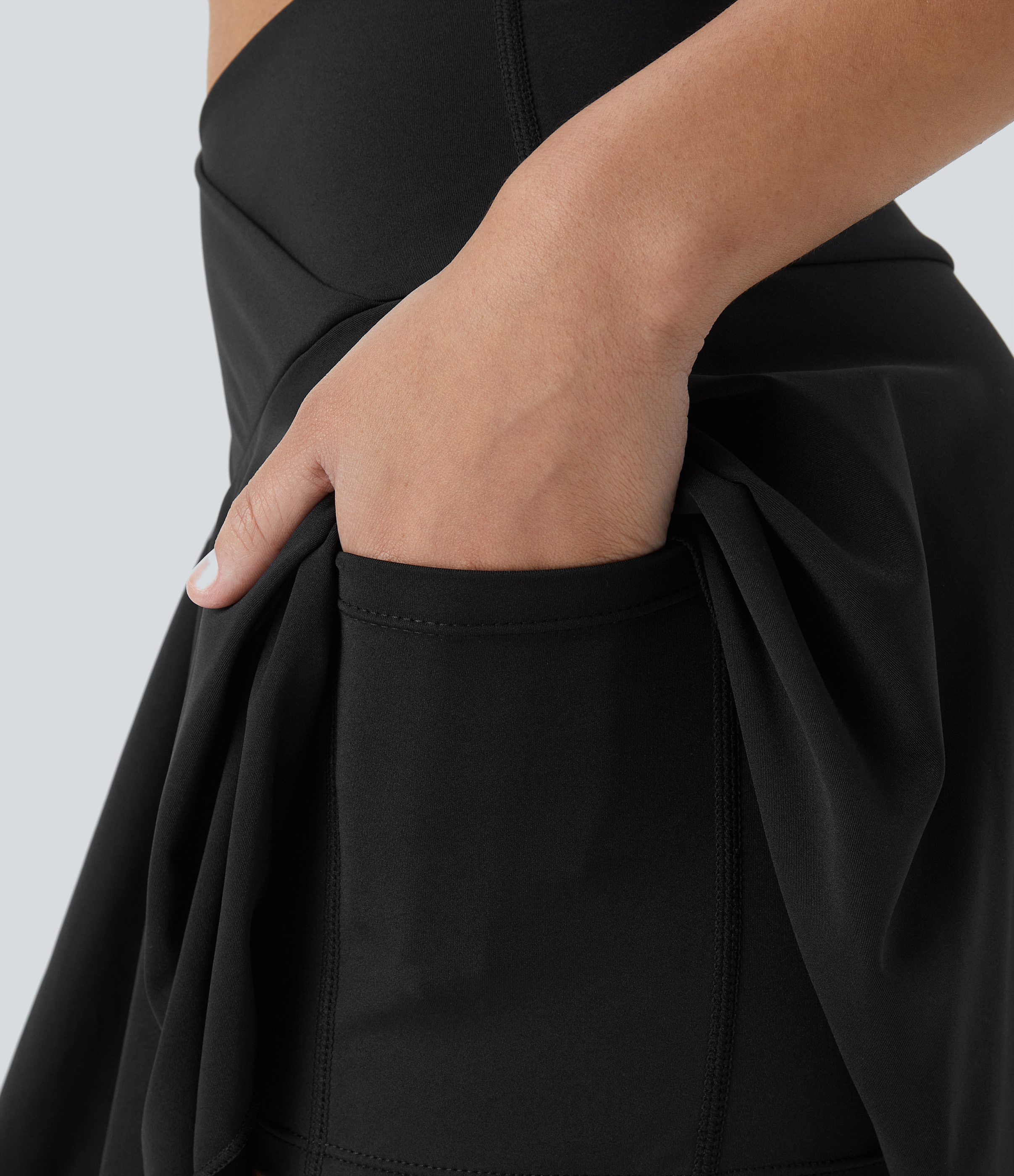 Halara Softlyzeroв„ў Airy Comfy High Waisted Crossover 2-in-1 Side Pocket Flare Cool Touch Tennis Skirt  - Black - S midi skirt a line skirt 