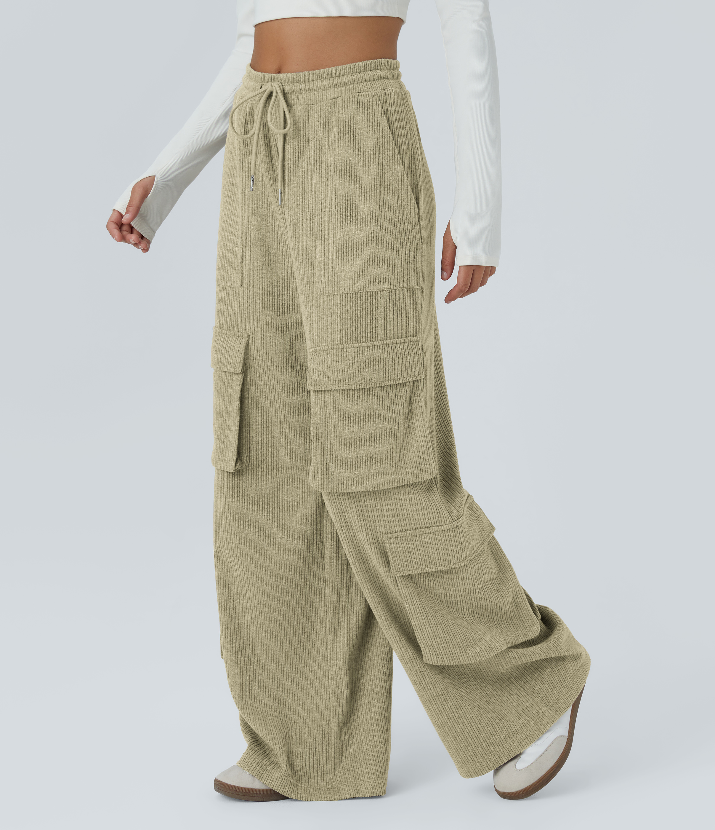 Halara Ribbed Mid Rise Drawstring Multiple Pockets Wide Leg Cargo Casual Pants  - Gray Green - S(regular) sweatpants jogger pants 