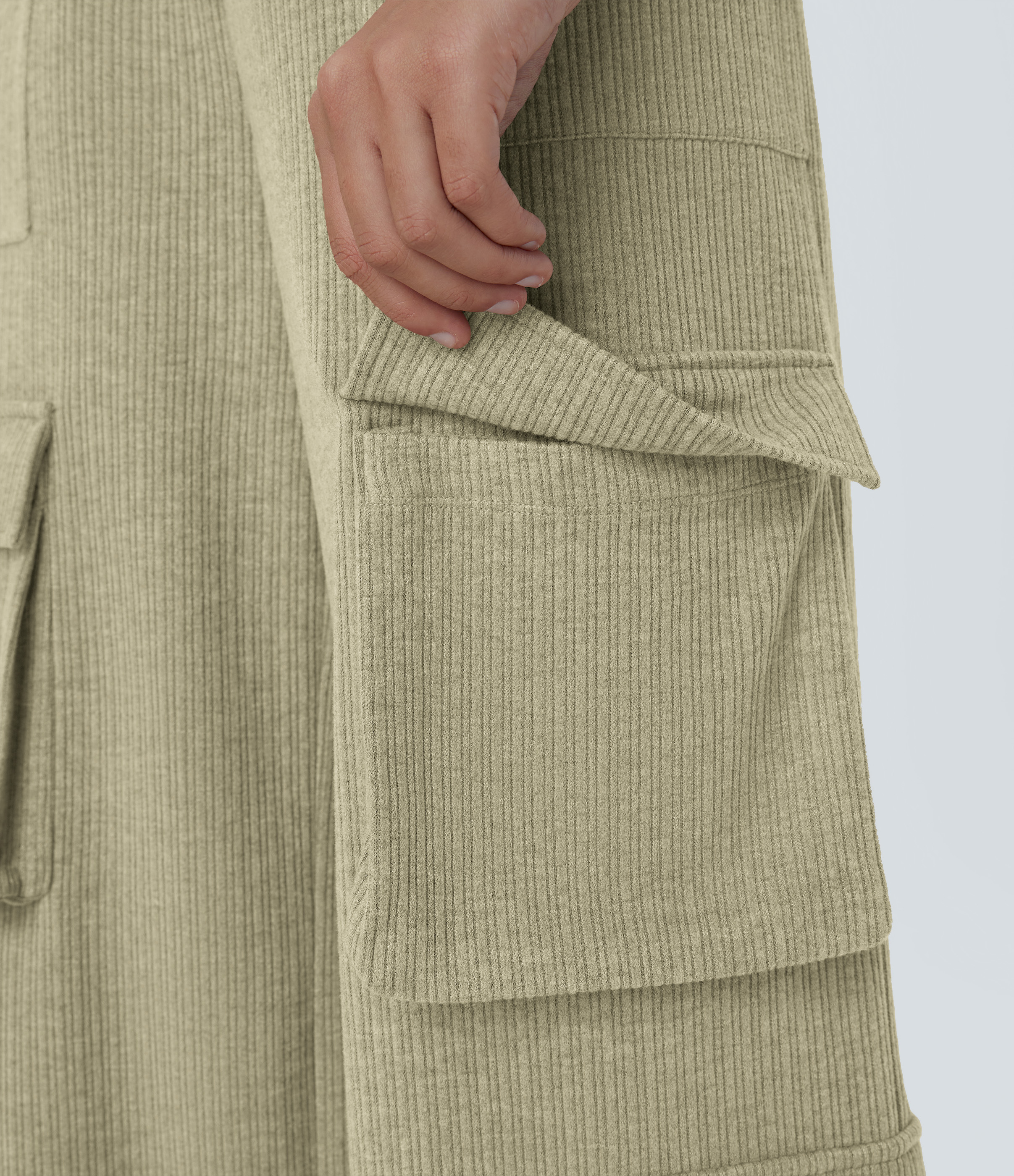 Halara Ribbed Mid Rise Drawstring Multiple Pockets Wide Leg Cargo Casual Pants  - Gray Green - S(regular) sweatpants jogger pants 