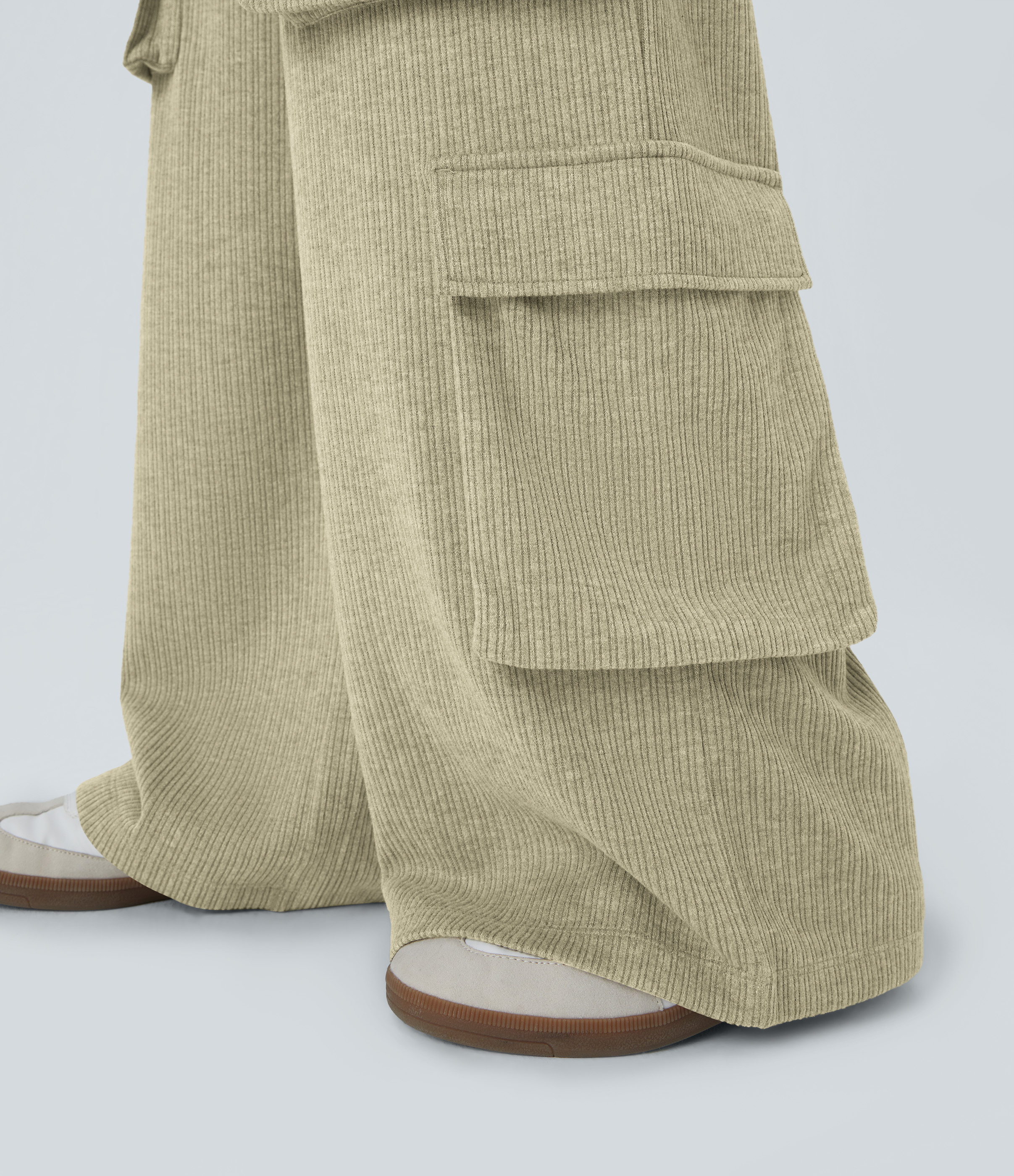 Halara Ribbed Mid Rise Drawstring Multiple Pockets Wide Leg Cargo Casual Pants  - Gray Green - S(regular) sweatpants jogger pants 