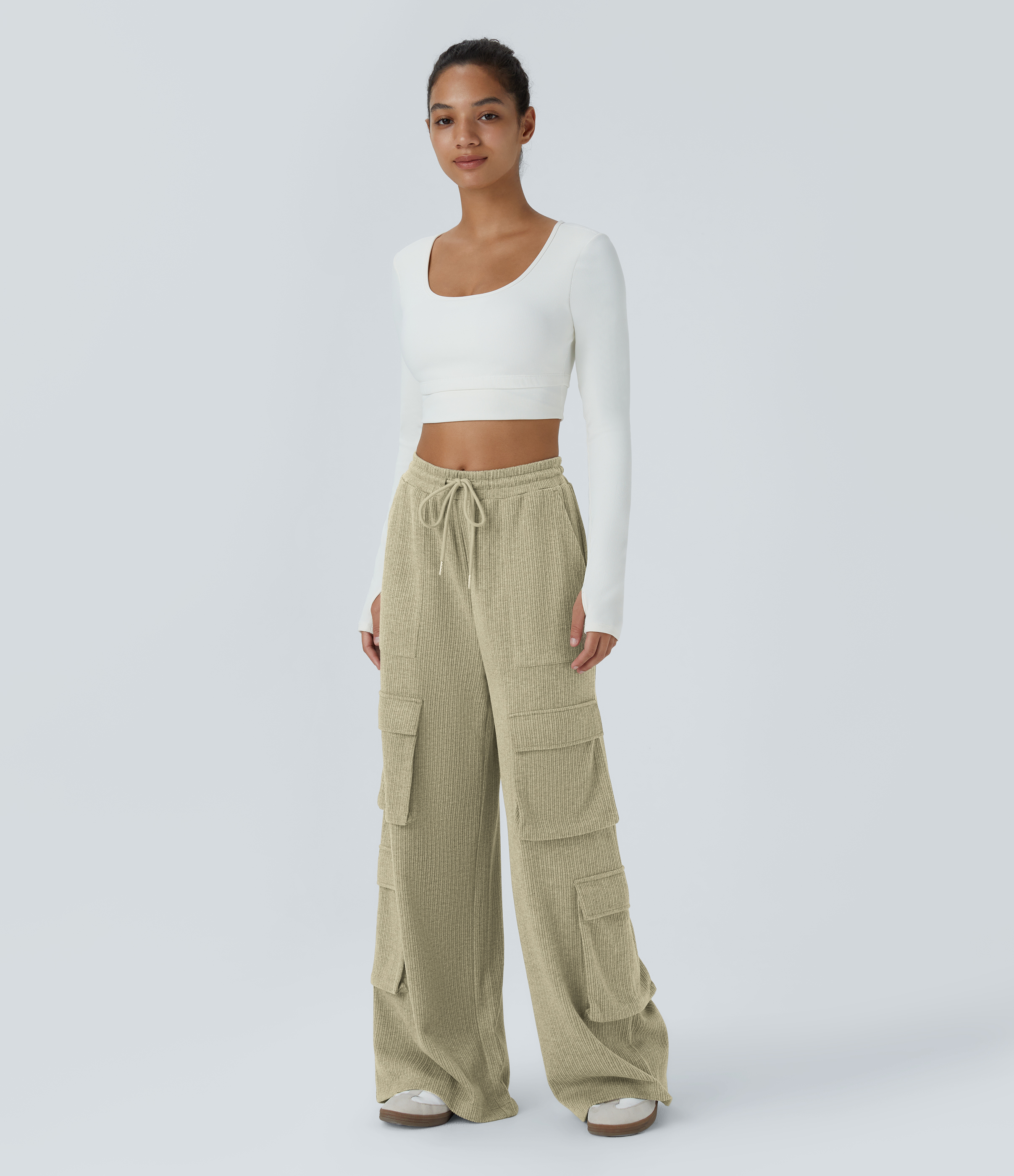 Halara Ribbed Mid Rise Drawstring Multiple Pockets Wide Leg Cargo Casual Pants  - Gray Green - S(regular) sweatpants jogger pants 