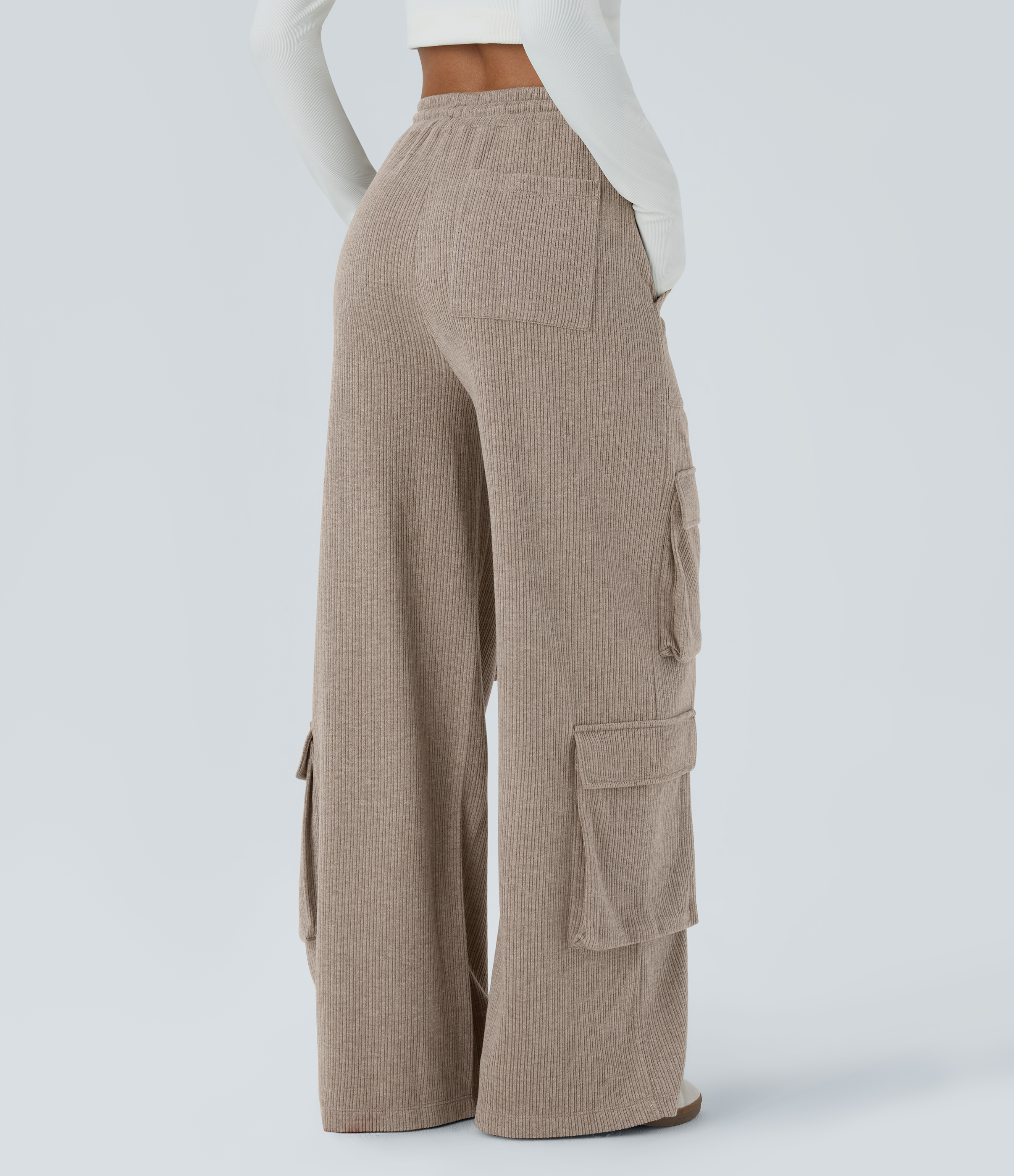 Halara Ribbed Mid Rise Drawstring Multiple Pockets Wide Leg Cargo Casual Pants  - Mocha Meringue - S(tall) sweatpants jogger pants 