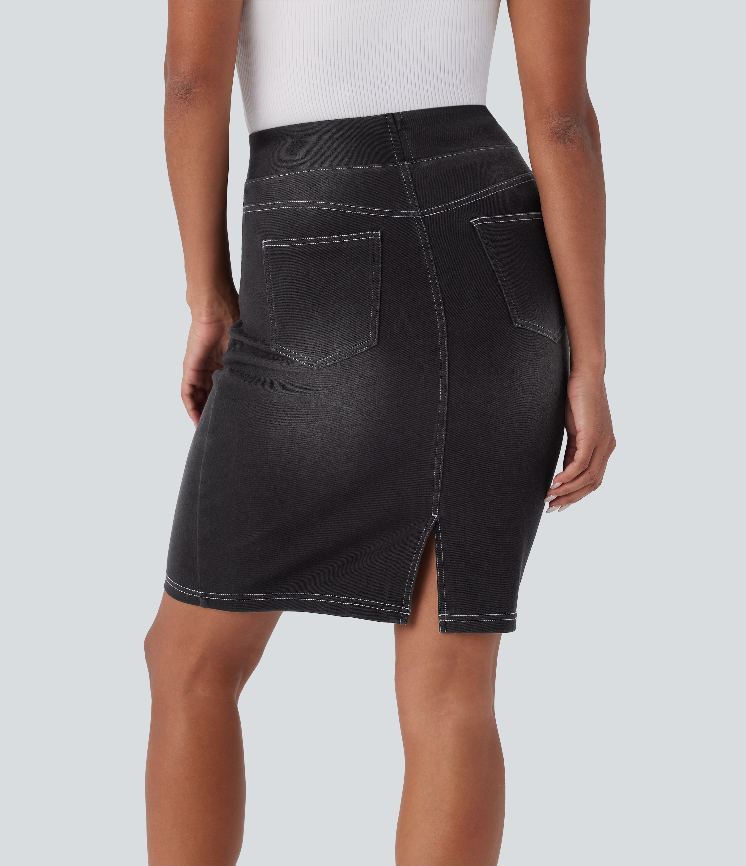 Carbon Paint Denim Falda Halara Flex™ Denim mezclilla elástico lavada dividida múltiple bolsillo tiro alto / 2