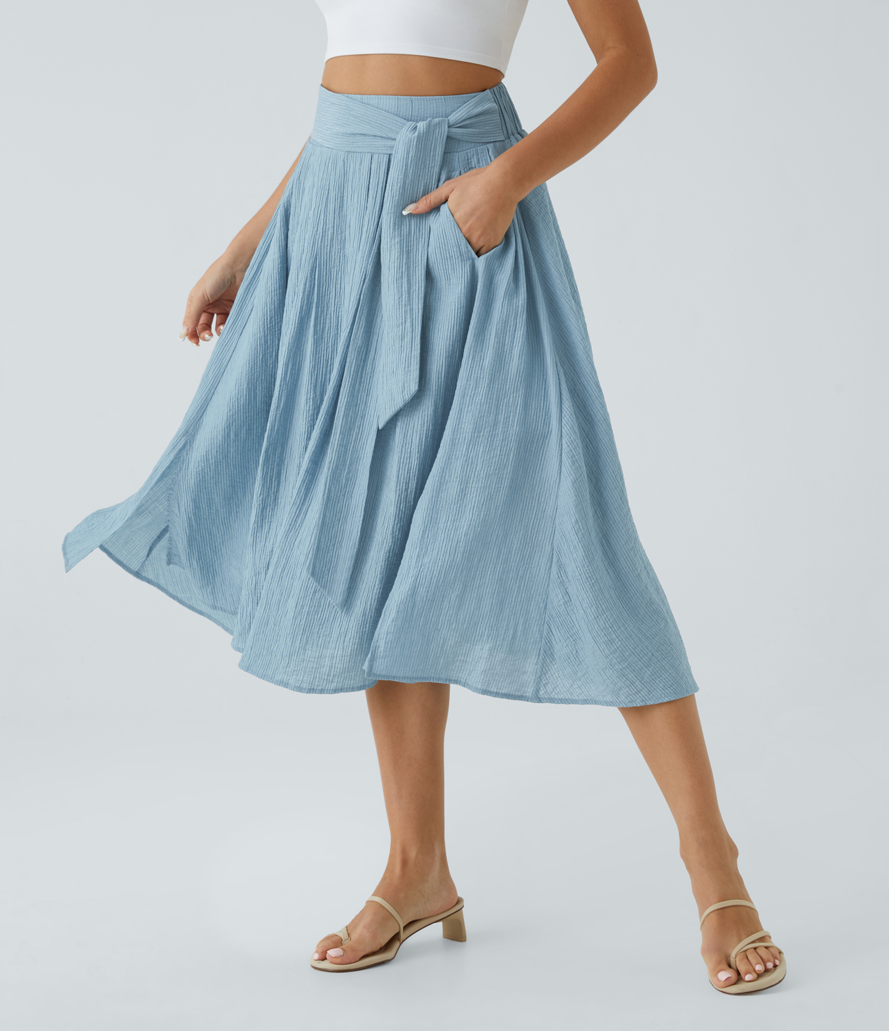 Halara High Waisted Tie Front Side Pocket Split Flare Flowy Casual Midi Skirt  - Light Blue - L 