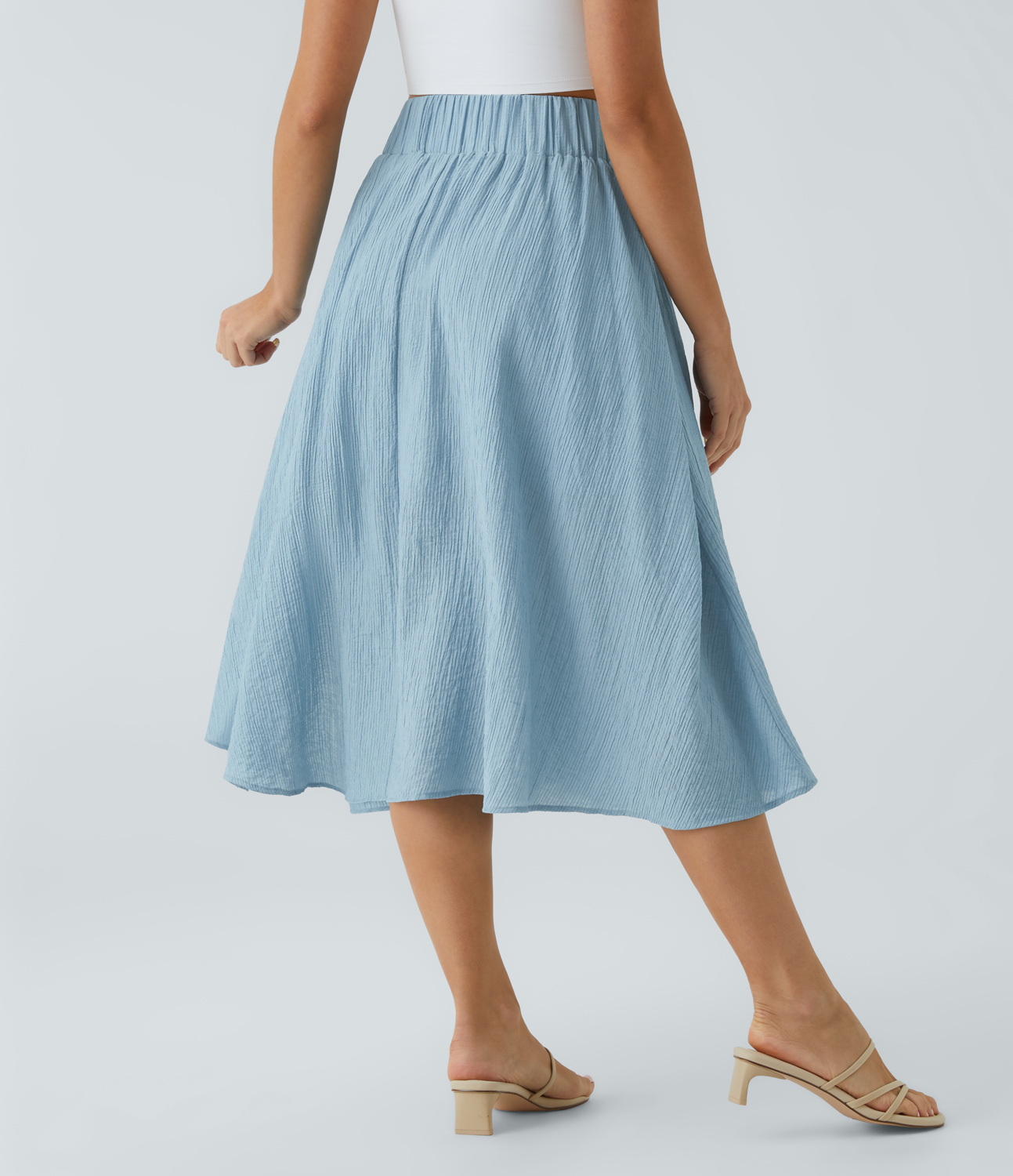 Halara High Waisted Tie Front Side Pocket Split Flare Flowy Casual Midi Skirt  - Light Blue - L 