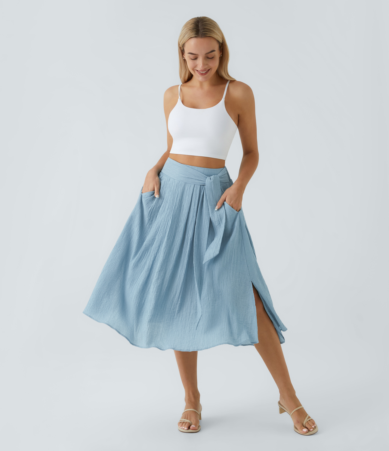 Halara High Waisted Tie Front Side Pocket Split Flare Flowy Casual Midi Skirt  - Light Blue - L 