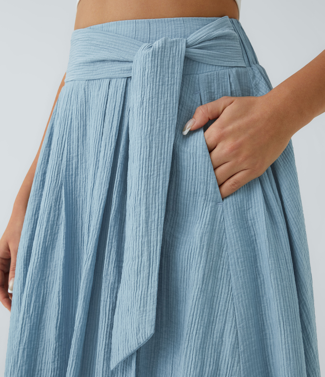 Halara High Waisted Tie Front Side Pocket Split Flare Flowy Casual Midi Skirt  - Light Blue - L 