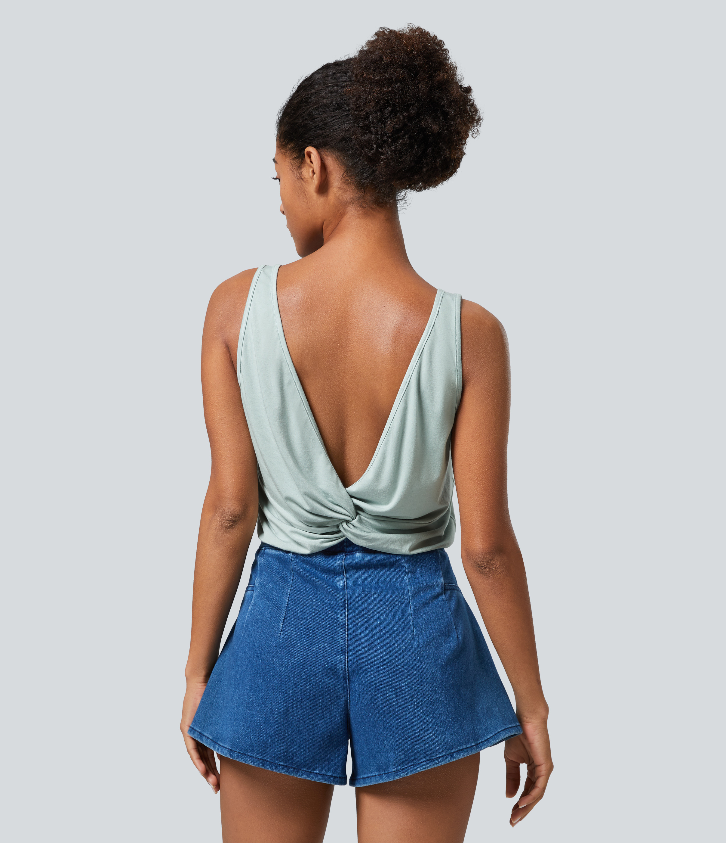 Halara U Neck Backless Twisted Casual Tank Top Tank Top - Sprout Green - S golf tops halter top tunic tops sleeveless tops backless top 