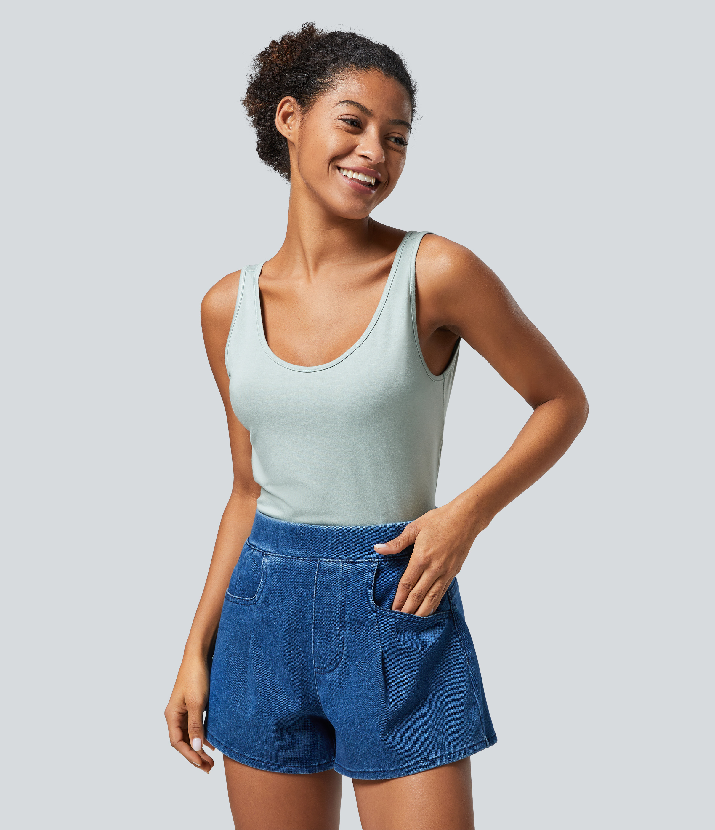 Halara U Neck Backless Twisted Casual Tank Top Tank Top - Sprout Green - S golf tops halter top tunic tops sleeveless tops backless top 