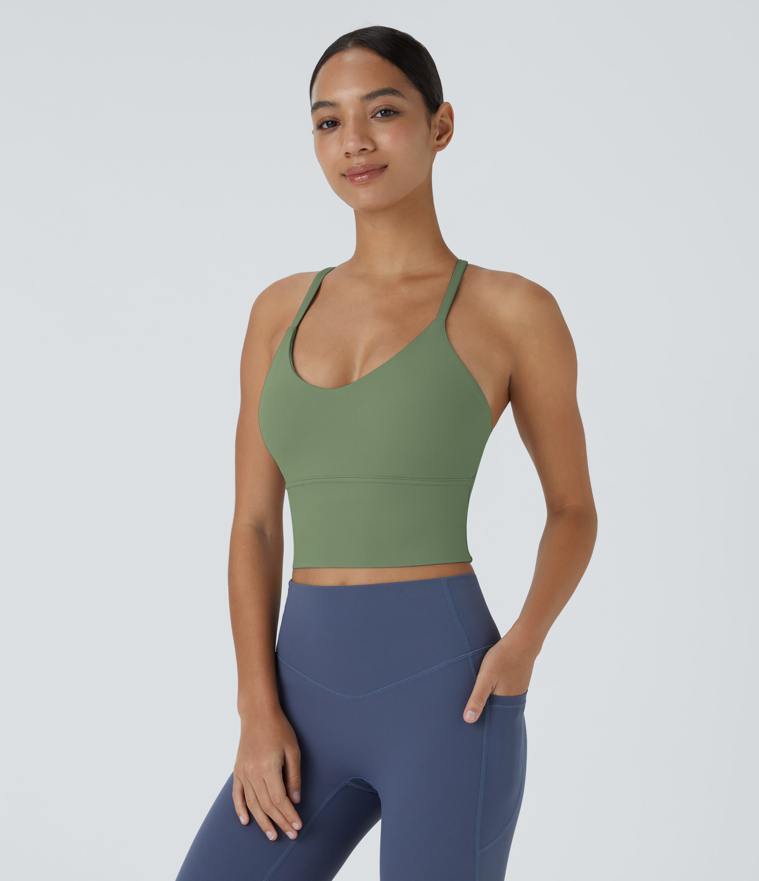 Halara Softlyzeroв„ў Plush Backless Crisscross Cut Out Cropped Tank Top Tank Top - Asparagus - XL golf tops halter top tunic tops 