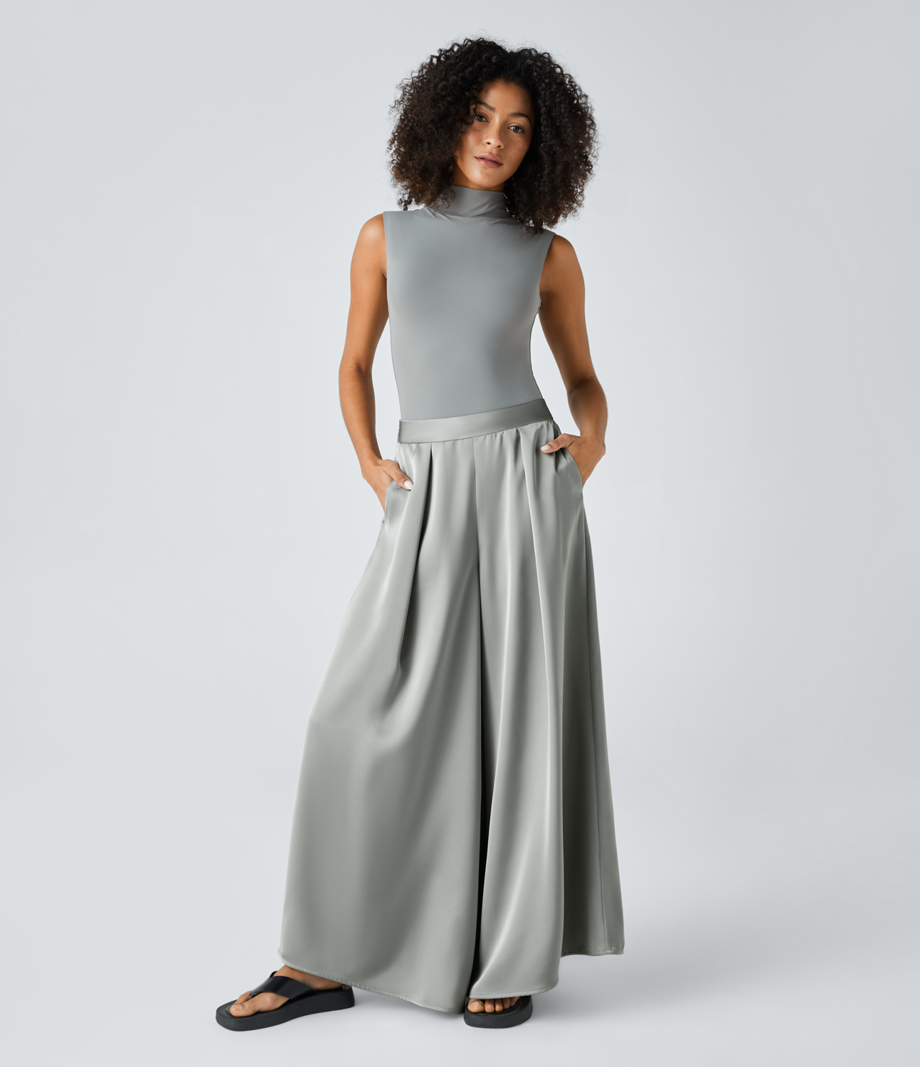 Halara High Waisted Plicated Invisible Zipper Side Pocket Wide Leg Satin-Like Casual Pants  - Belgian Block - L(regular) sweatpants 