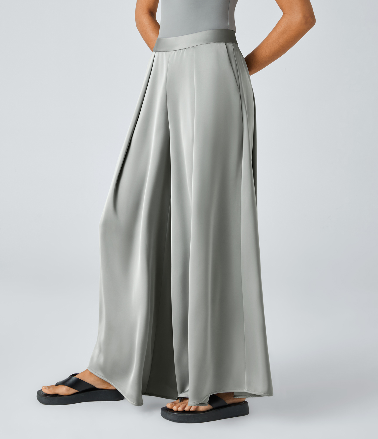 Halara High Waisted Plicated Invisible Zipper Side Pocket Wide Leg Satin-Like Casual Pants  - Belgian Block - L(regular) sweatpants 