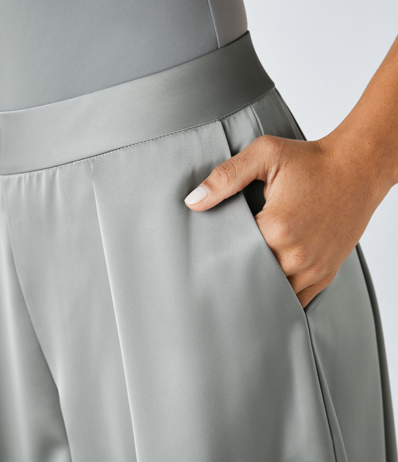 Halara High Waisted Plicated Invisible Zipper Side Pocket Wide Leg Satin-Like Casual Pants  - Belgian Block - L(regular) sweatpants 
