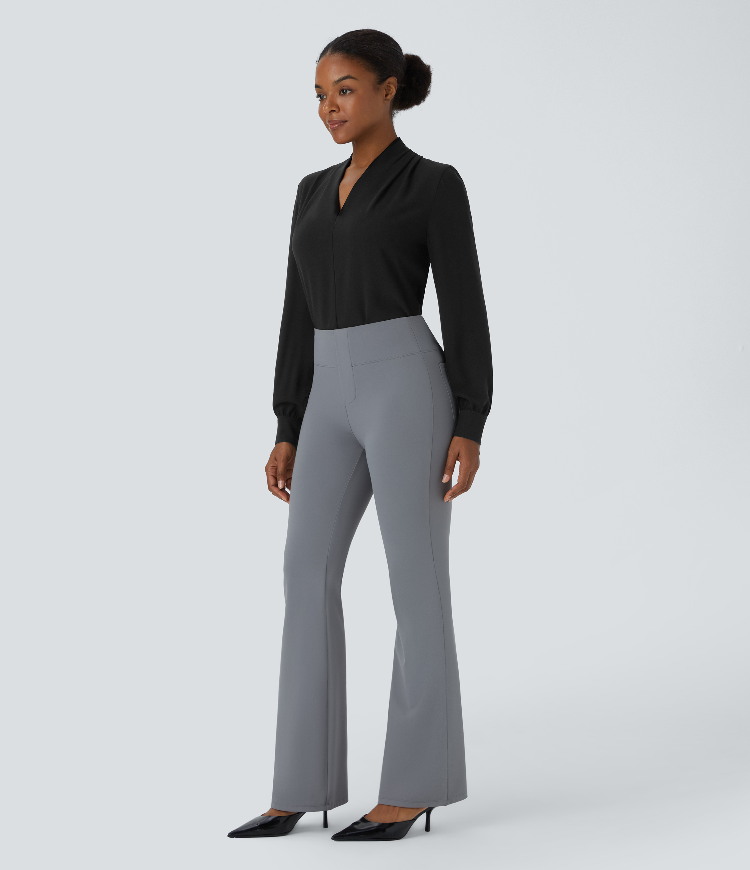 Halara V Neck Plicated Long Sleeve Work Blouse  - Black - S 